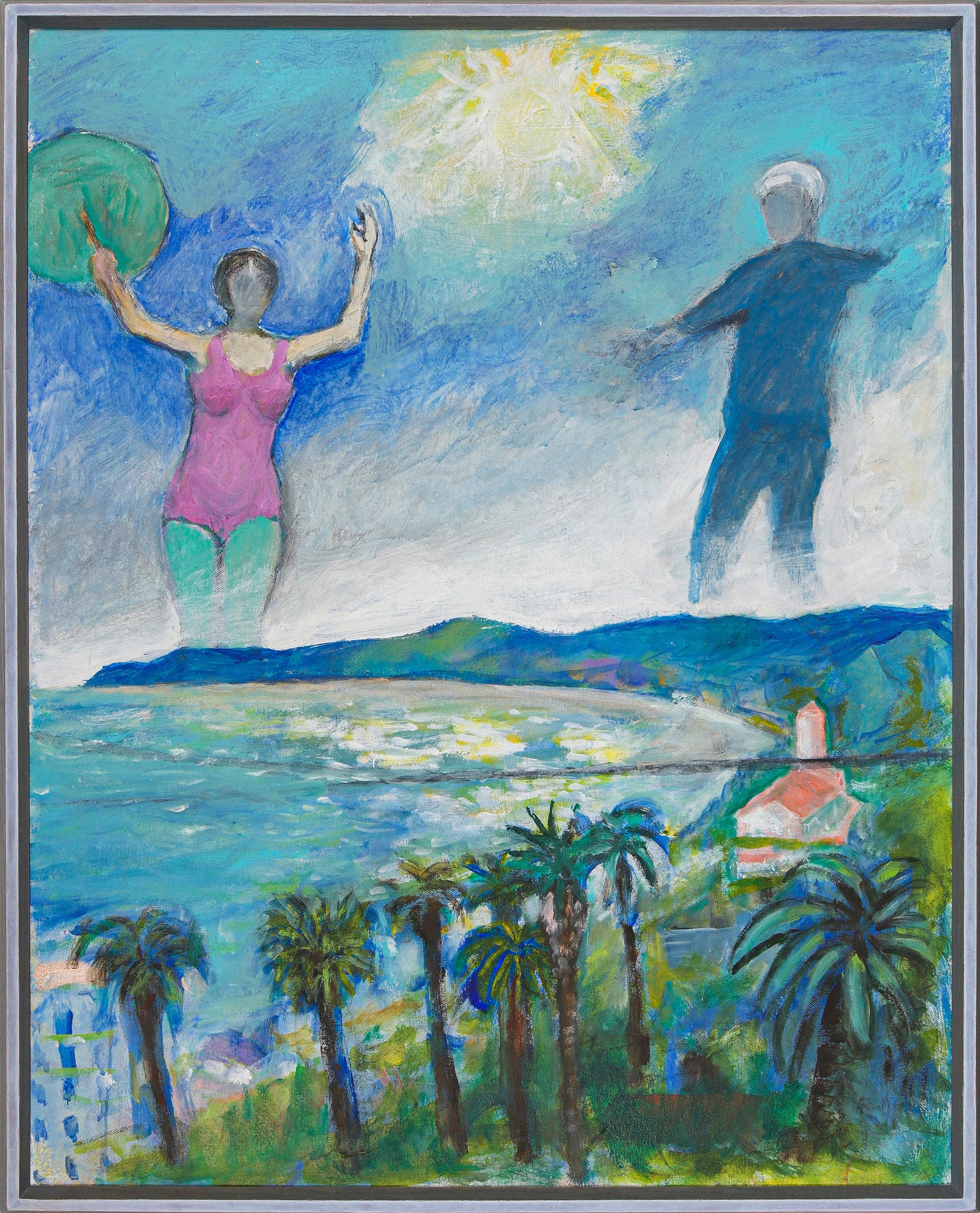 Surreal Coastal Scene with Figures <br>1990 Oil <br><br>#B6338