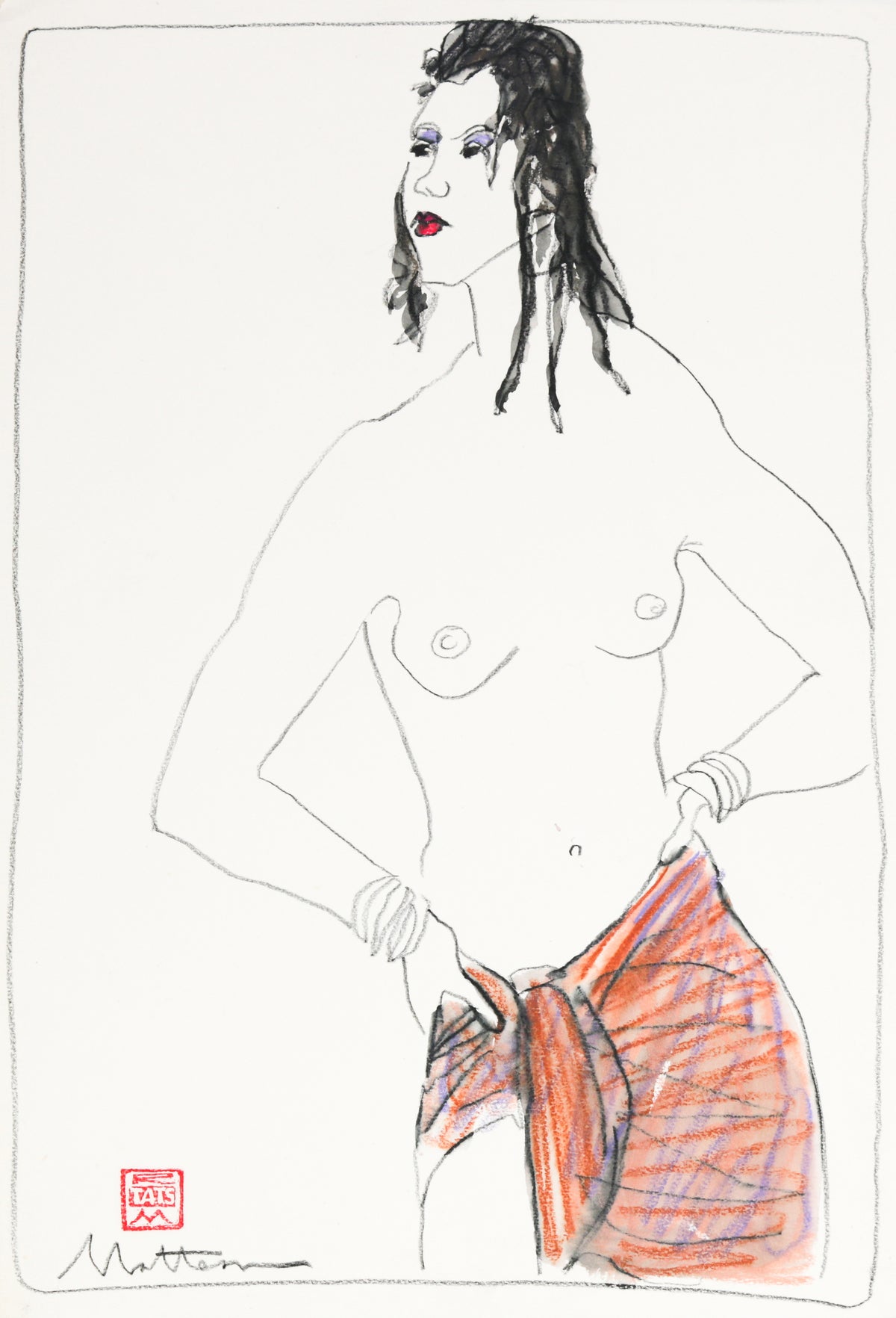 Female Nude with Fabric &lt;br&gt;20th Century Charcoal &amp; Pastel &lt;br&gt;&lt;br&gt;#B6366