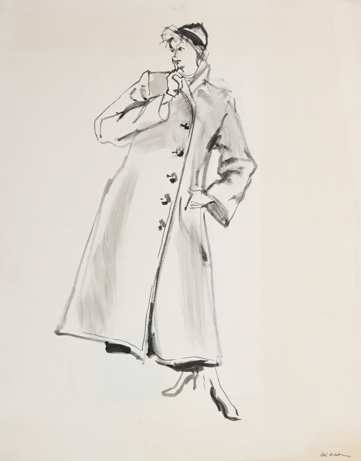 Monochrome Fashion Overcoat &lt;br&gt;1940-50s Ink Wash &lt;br&gt;&lt;br&gt;#B6396