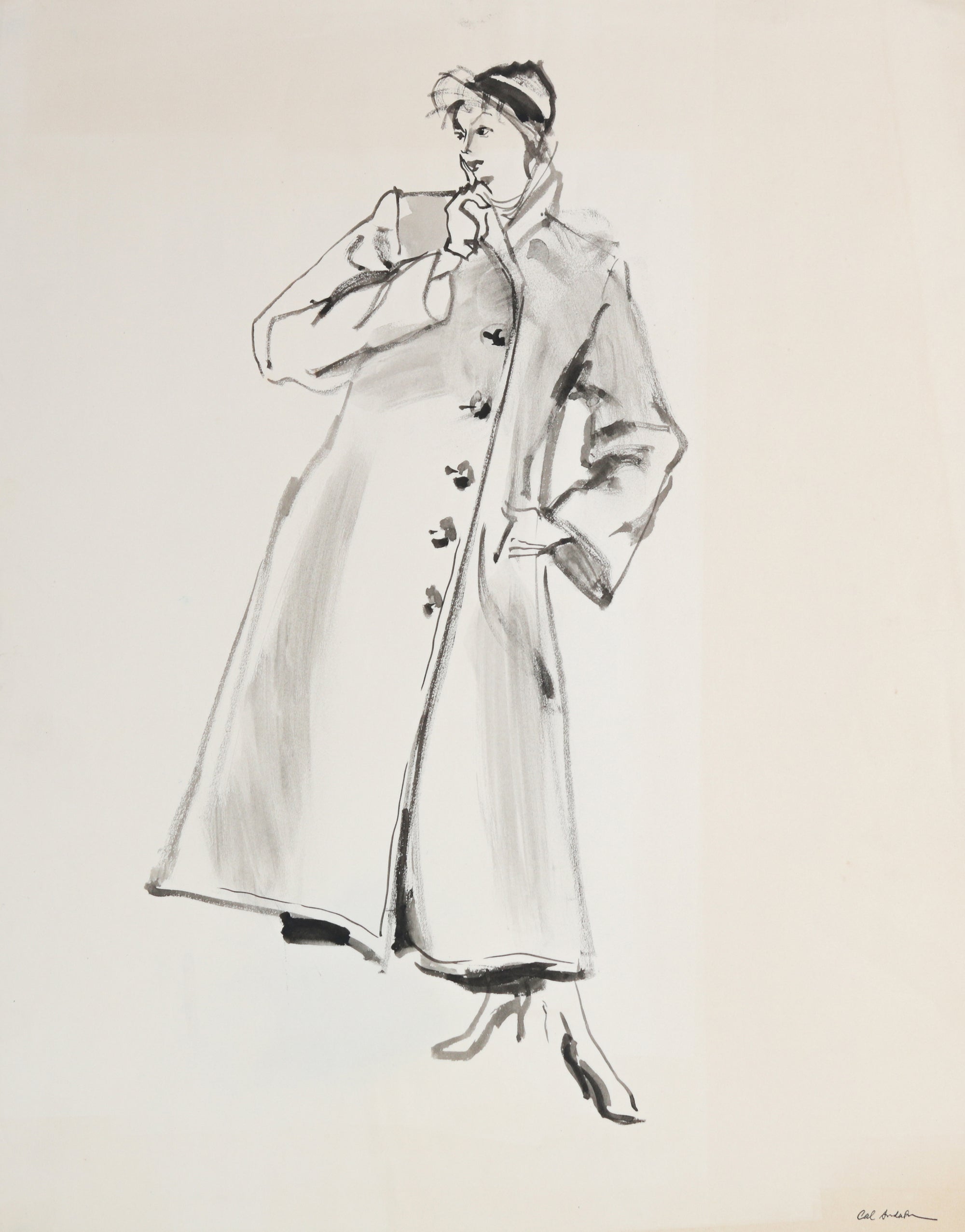 Monochrome Fashion Overcoat <br>1940-50s Ink Wash <br><br>#B6396