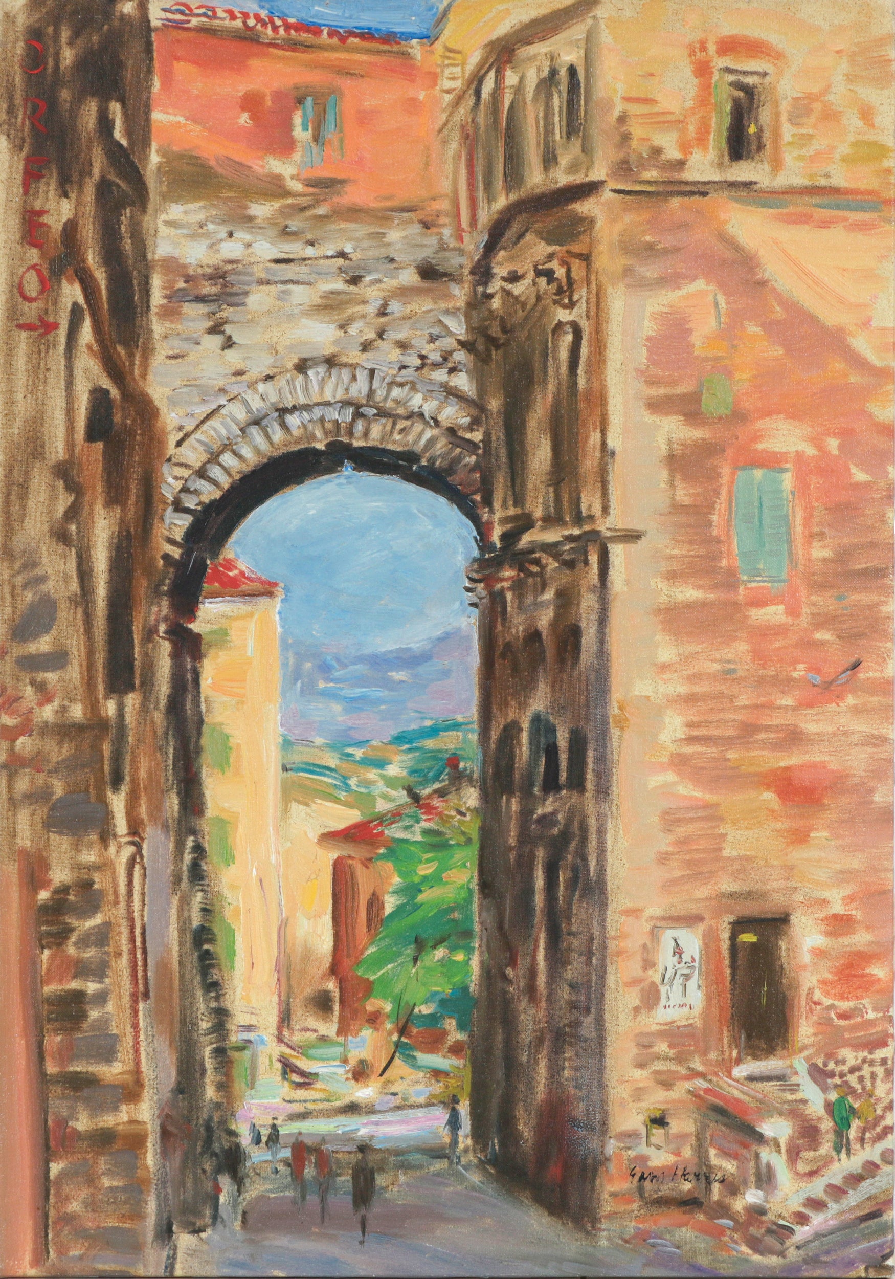 City Through the Archway <br>1960s Oil <br><br>#B6428
