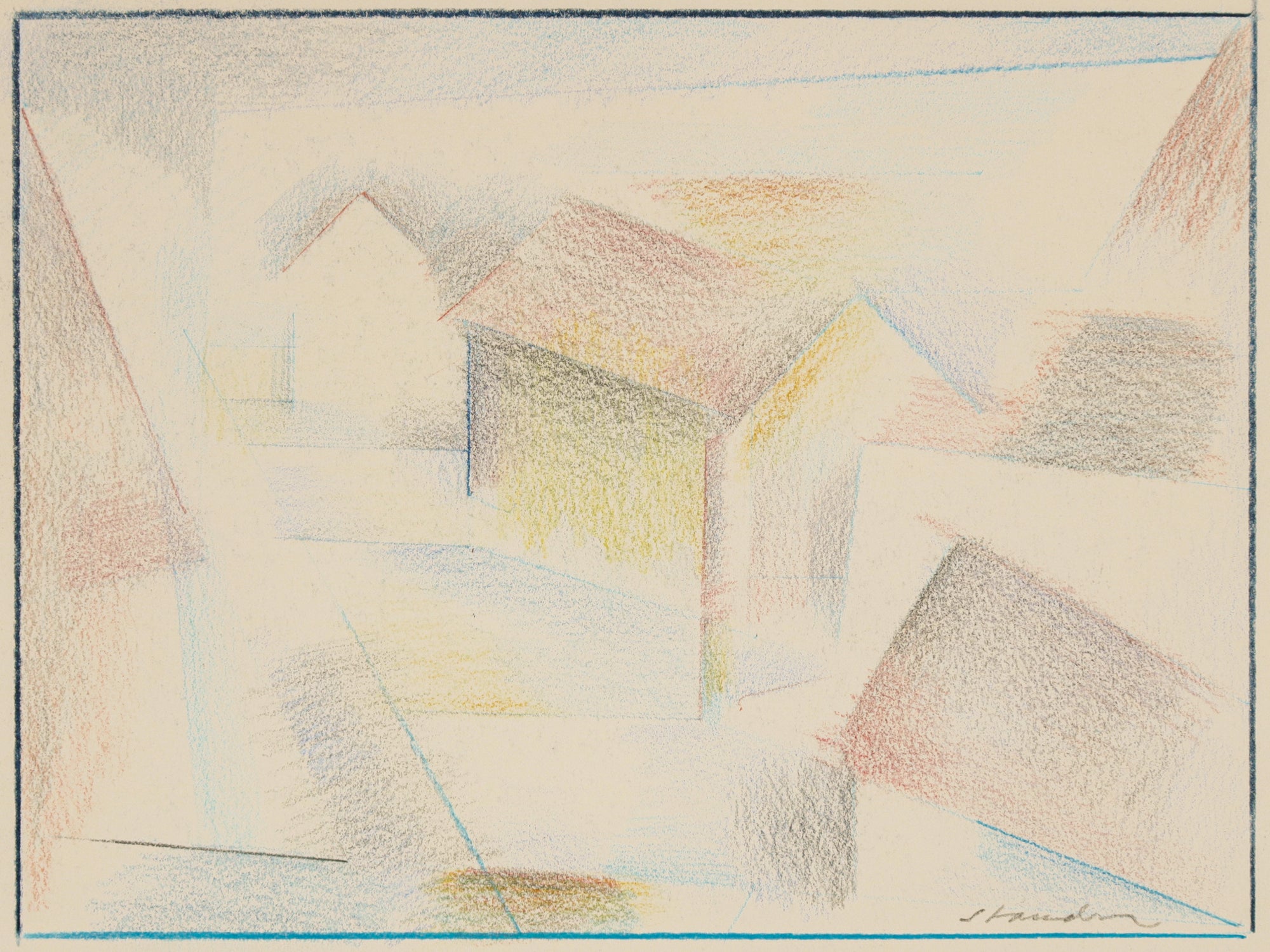 Dreamy Abstracted Buildings <br>20th Century Colored Pencil <br><br>#B6487