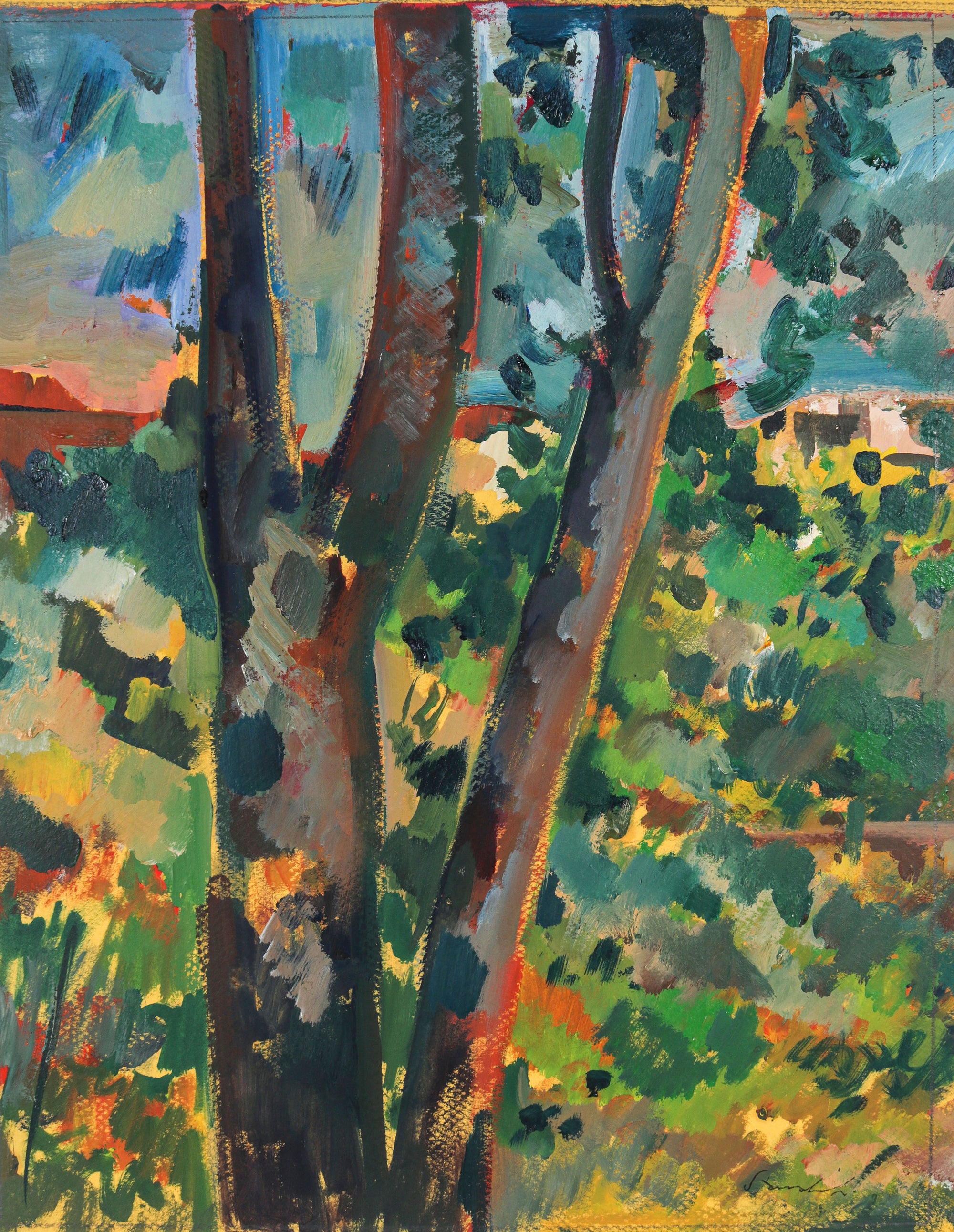 Warm Abstracted Forest Landscape <br>1980 Oil on Paper <br><br>#B6495