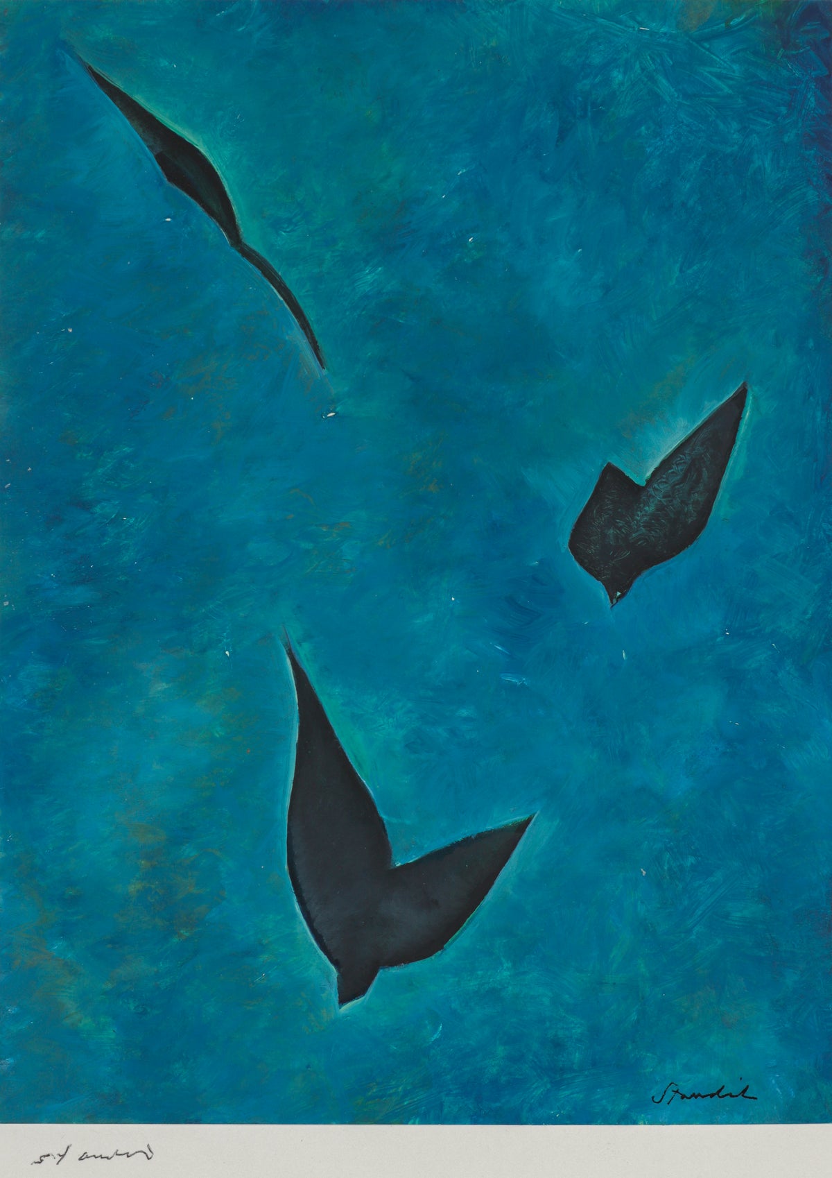 Blue & Black Abstraction <br>1970s Oil on Paper <br><br>#B6497