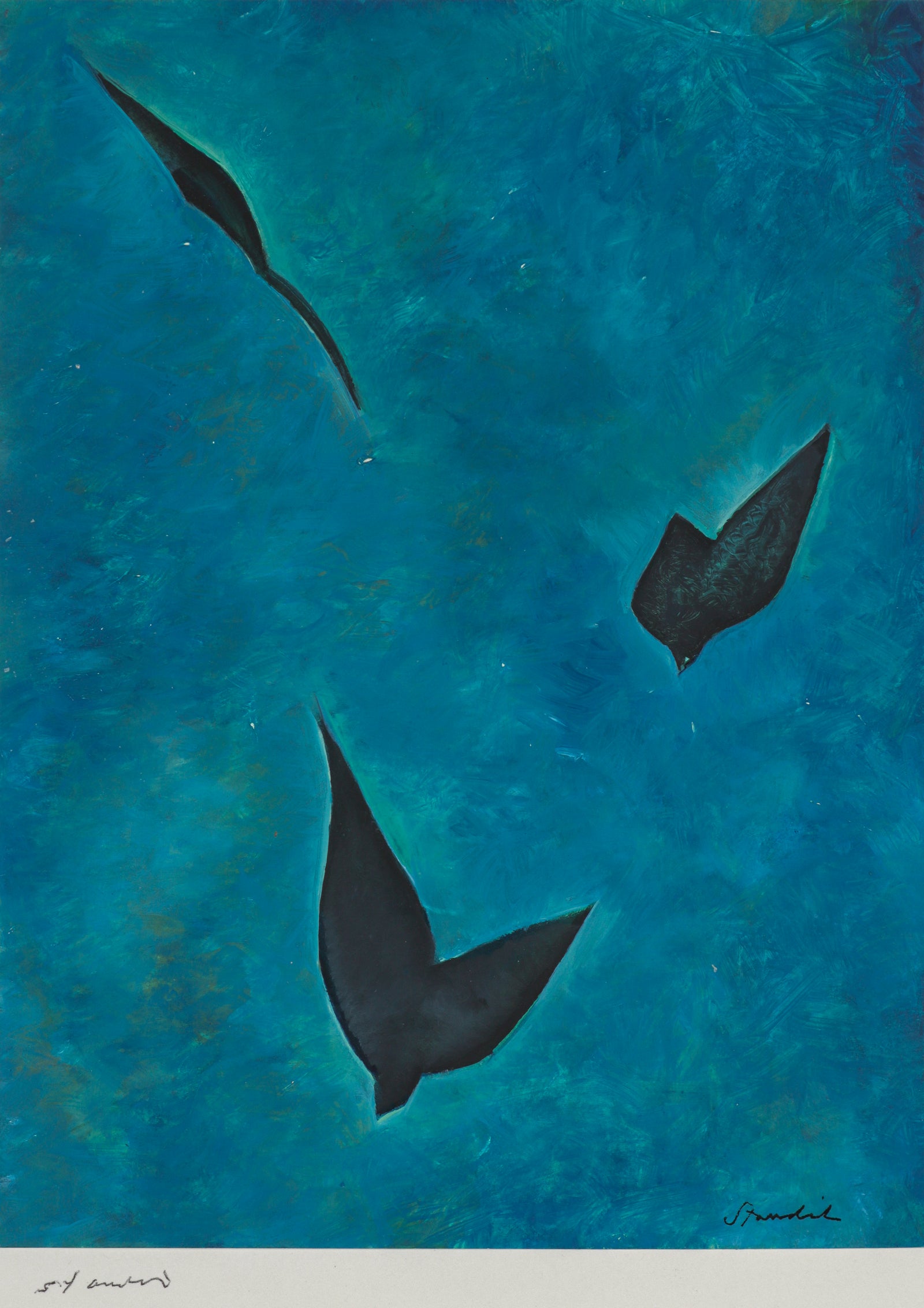 Blue & Black Abstraction <br>1970s Oil on Paper <br><br>#B6497