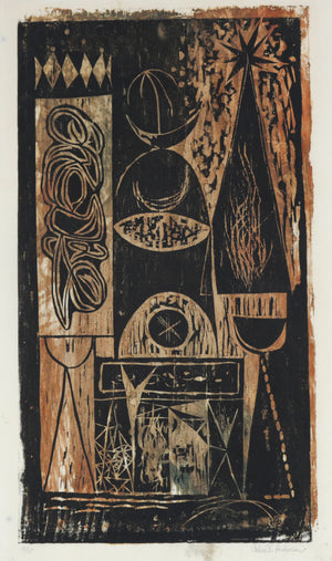 1940-50s Modernist Woodblock Abstract Scene <br><br>#B6554