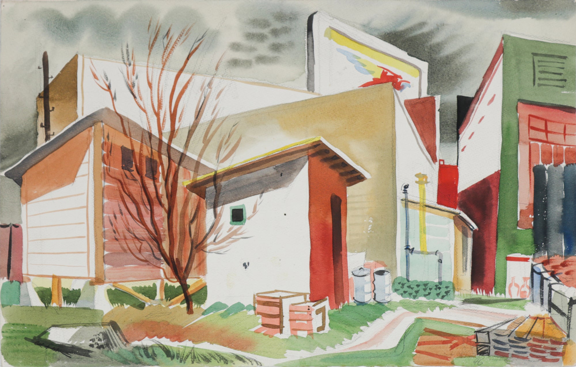 Modernist Backyard Scene <br>1946 Watercolor <br><br>#B6565