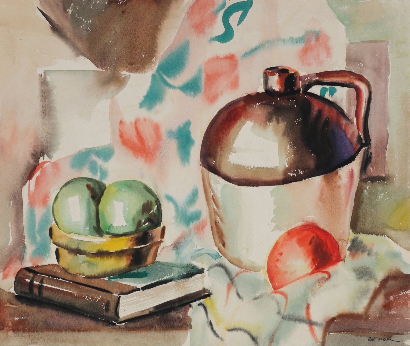 Still Life with Fruit & Jug <br>1942 Watercolor <br><br>#B6567
