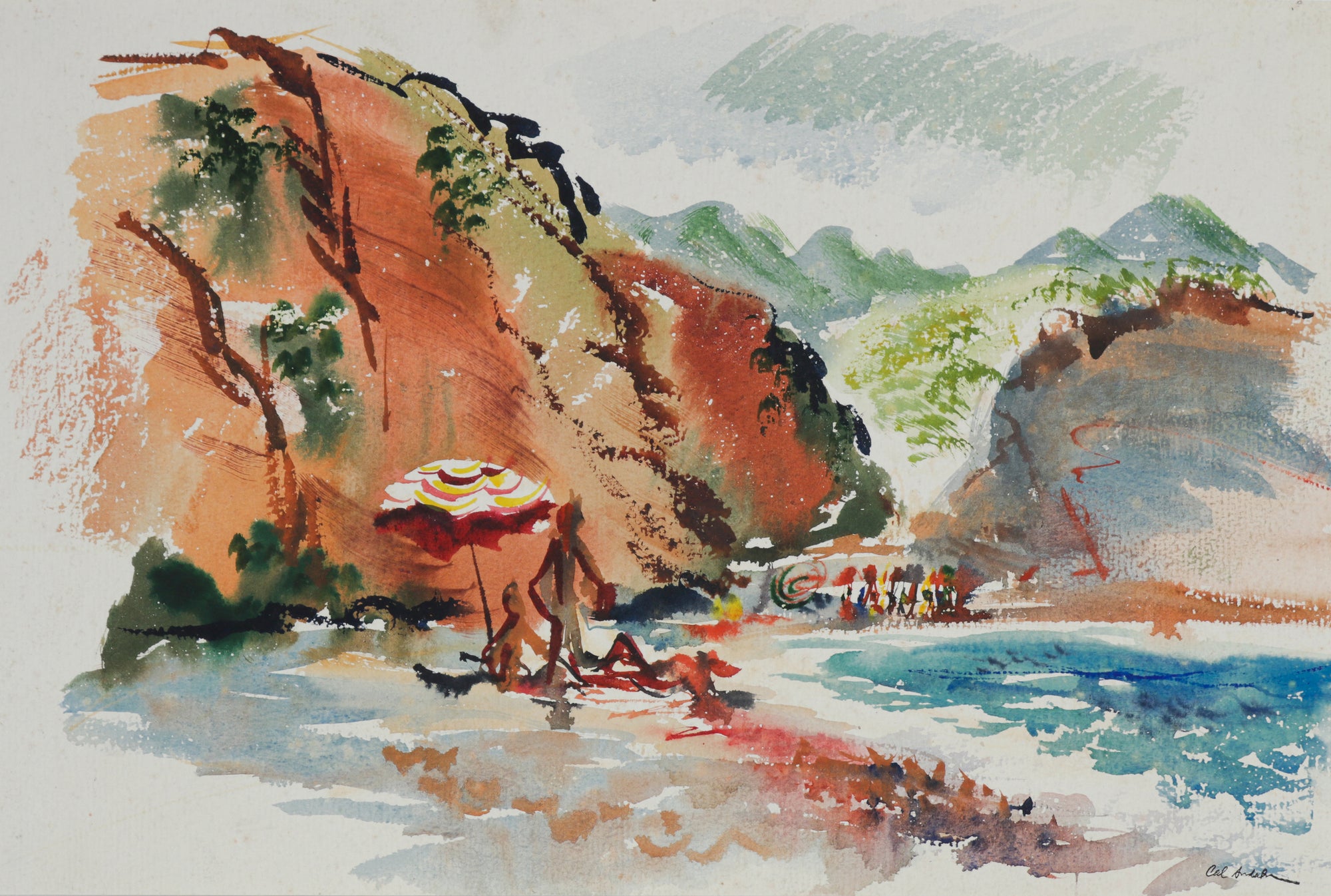 Figures at the Beach <br>Mid 1940s Watercolor <br><br>#B6584
