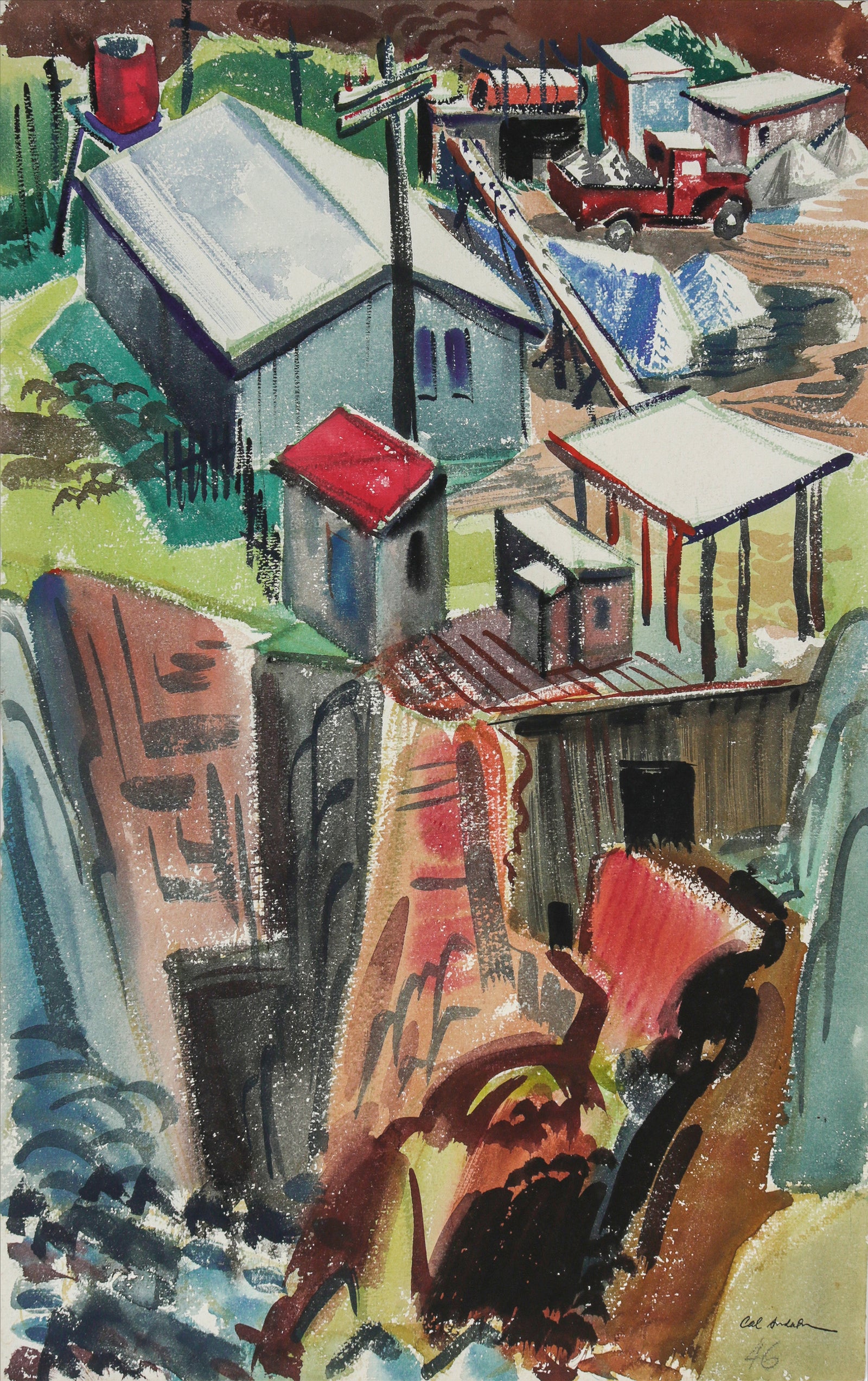 Vintage Industrial Scene <br>1946 Watercolor <br><br>#B6610