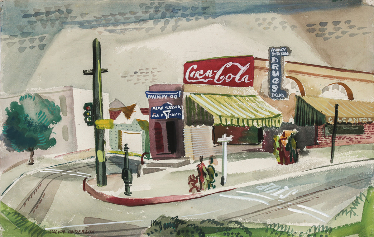 Vintage Street Corner Scene &lt;br&gt;Mid 1940s Watercolor &lt;br&gt;&lt;br&gt;#B6622