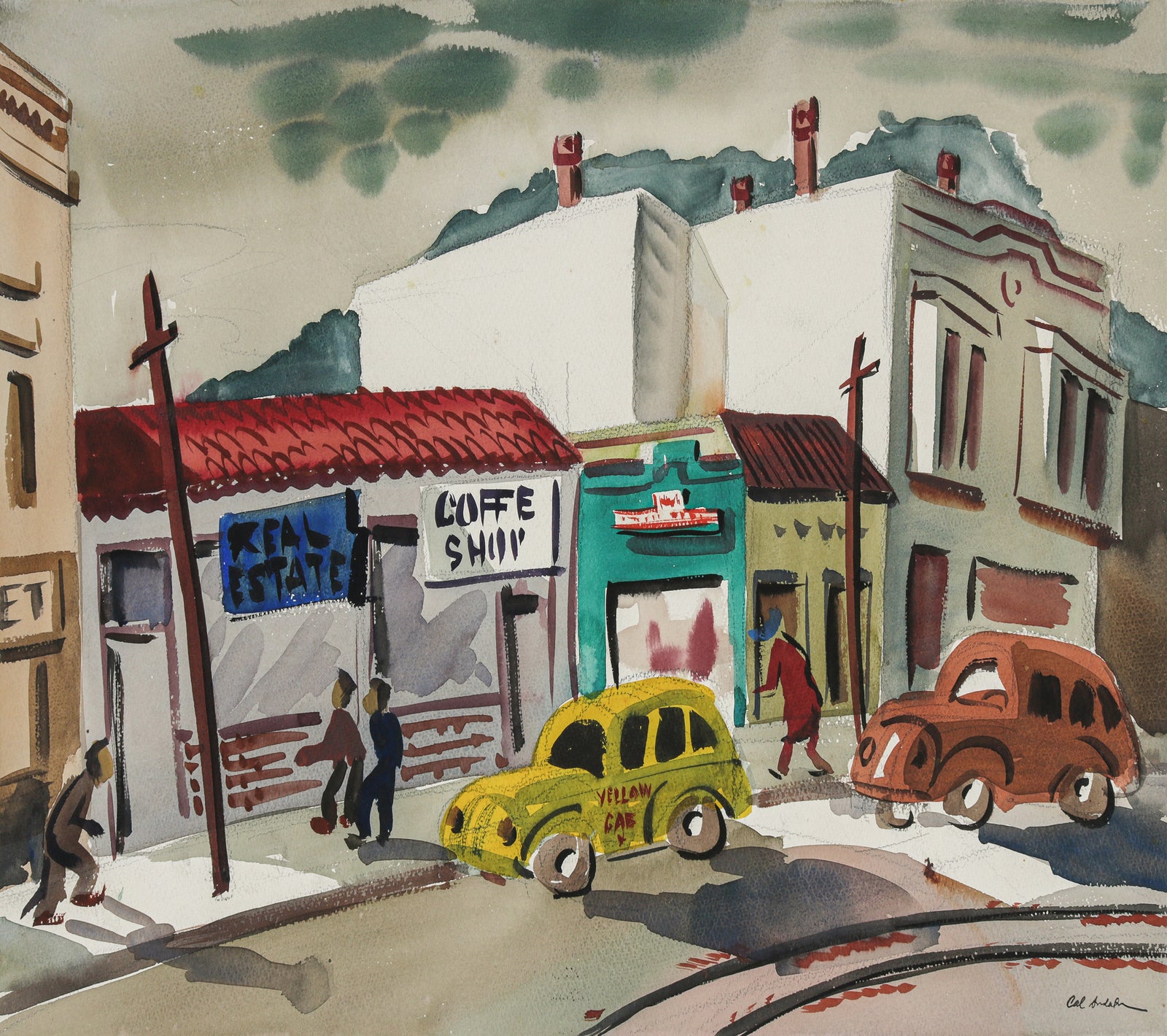 Charming Vintage City Scene <br>1945 Watercolor <br><br>#B6629