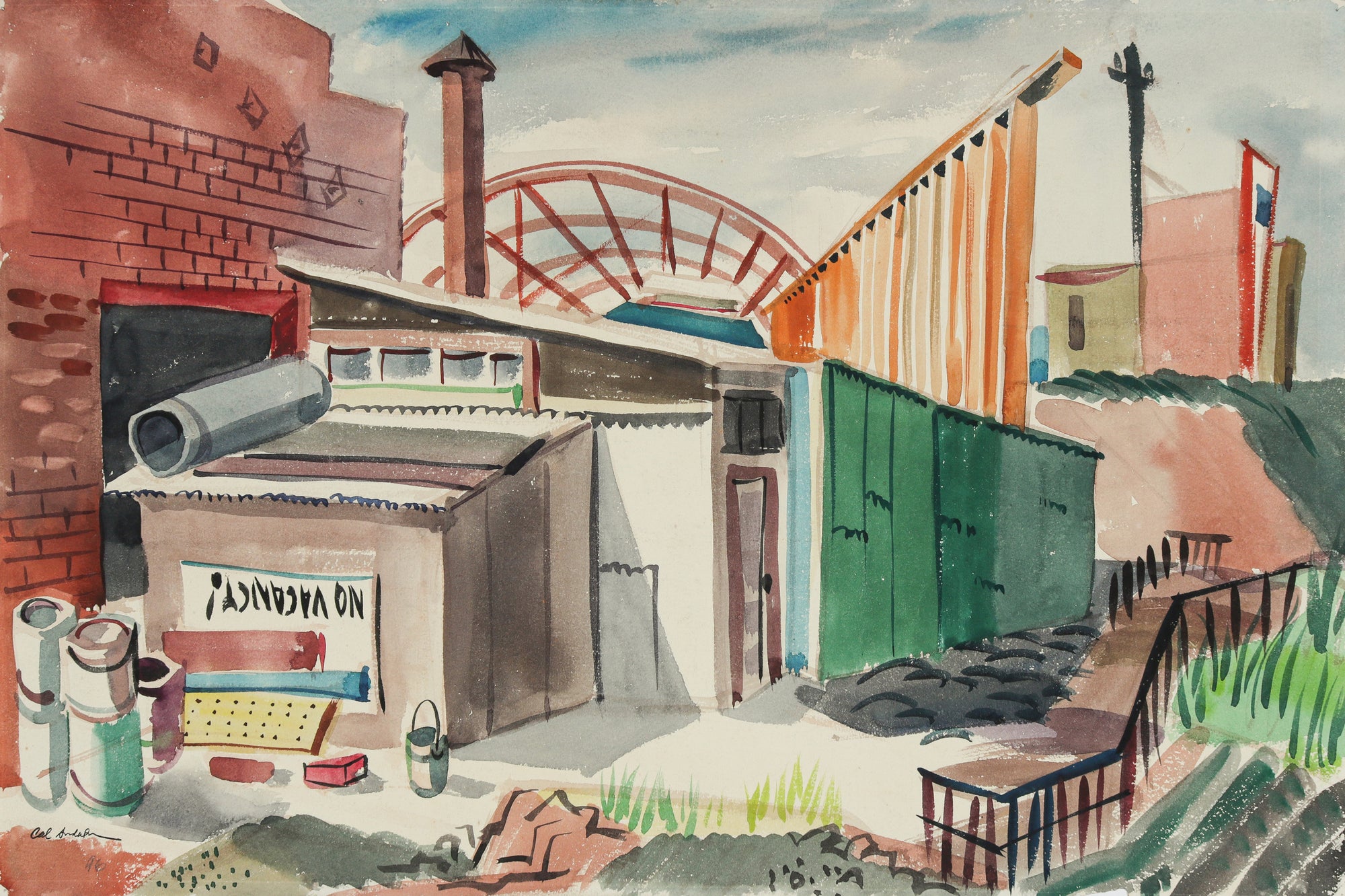 Vintage Industrial Cityscape <br>1946 Watercolor <br><br>#B6632
