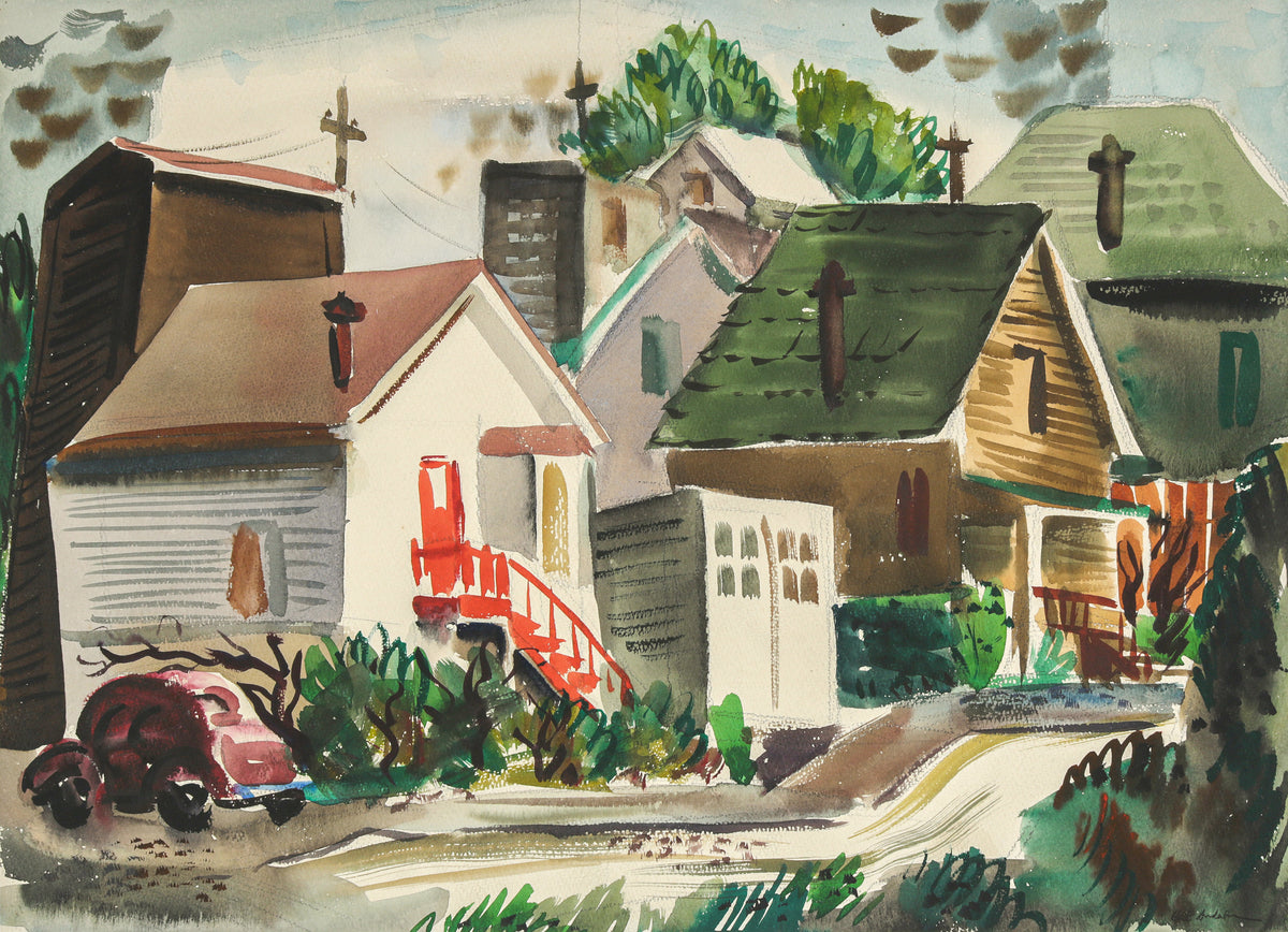 Modernist Neighborhood Scene &lt;br&gt;1943 Watercolor &lt;br&gt;&lt;br&gt;#B6639