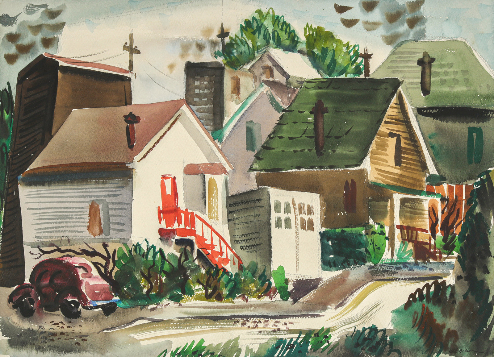 Modernist Neighborhood Scene <br>1943 Watercolor <br><br>#B6639