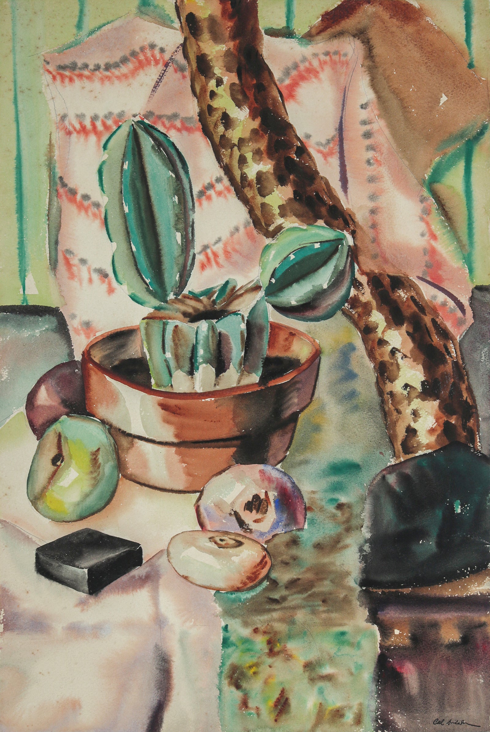 Vintage Still Life with Cactus <br>1942 Watercolor <br><br>#B6646