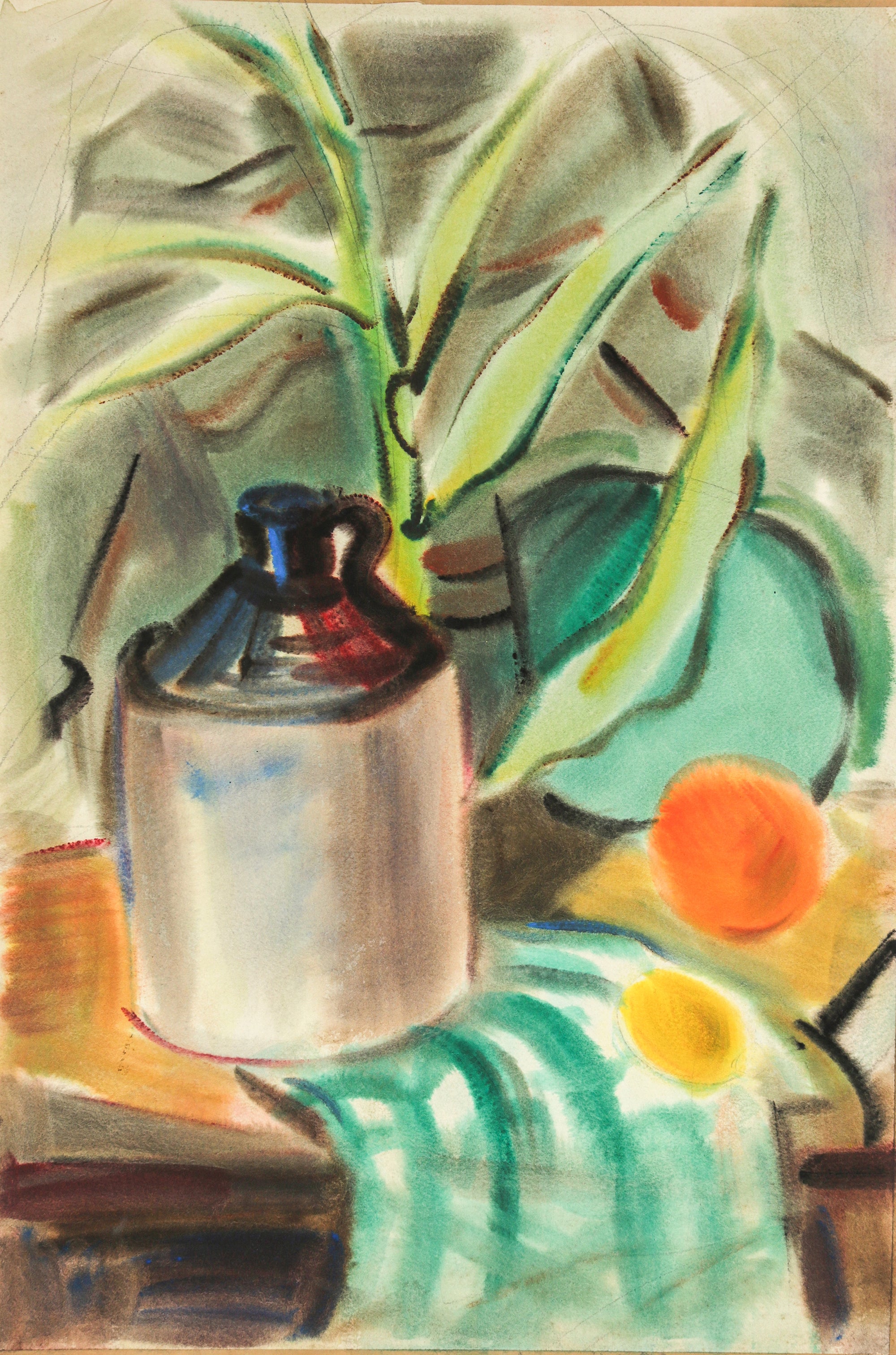 Vintage Still Life with Cactus <br>1942 Watercolor <br><br>#B6646