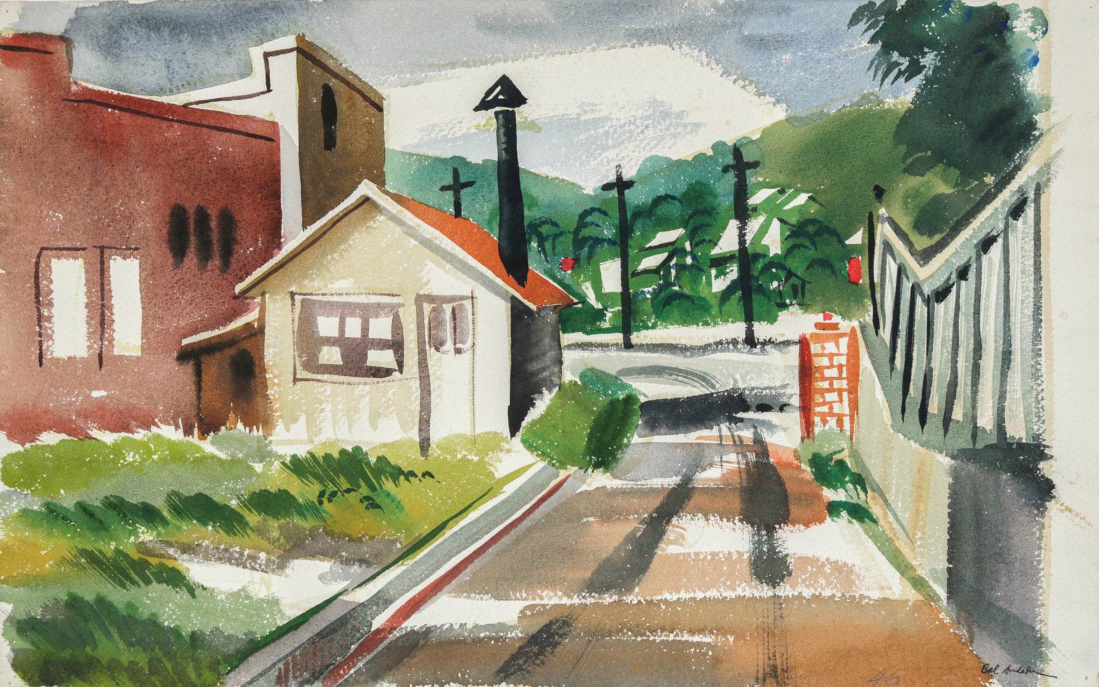Modernist Backstreet Scene <br>1946 Watercolor <br><br>#B6657