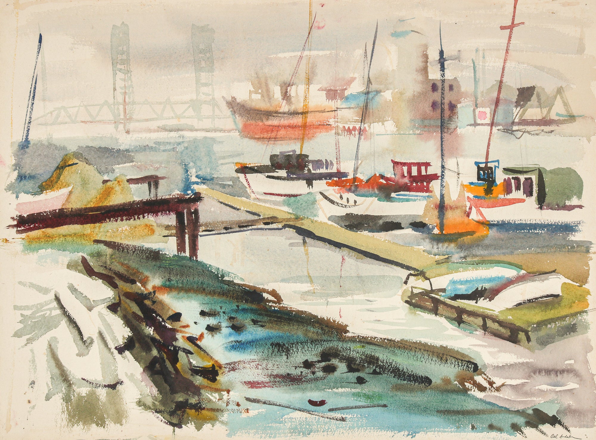 Abstracted Boats at Harbor <br>Mid 1940s Watercolor <br><br>#B6666