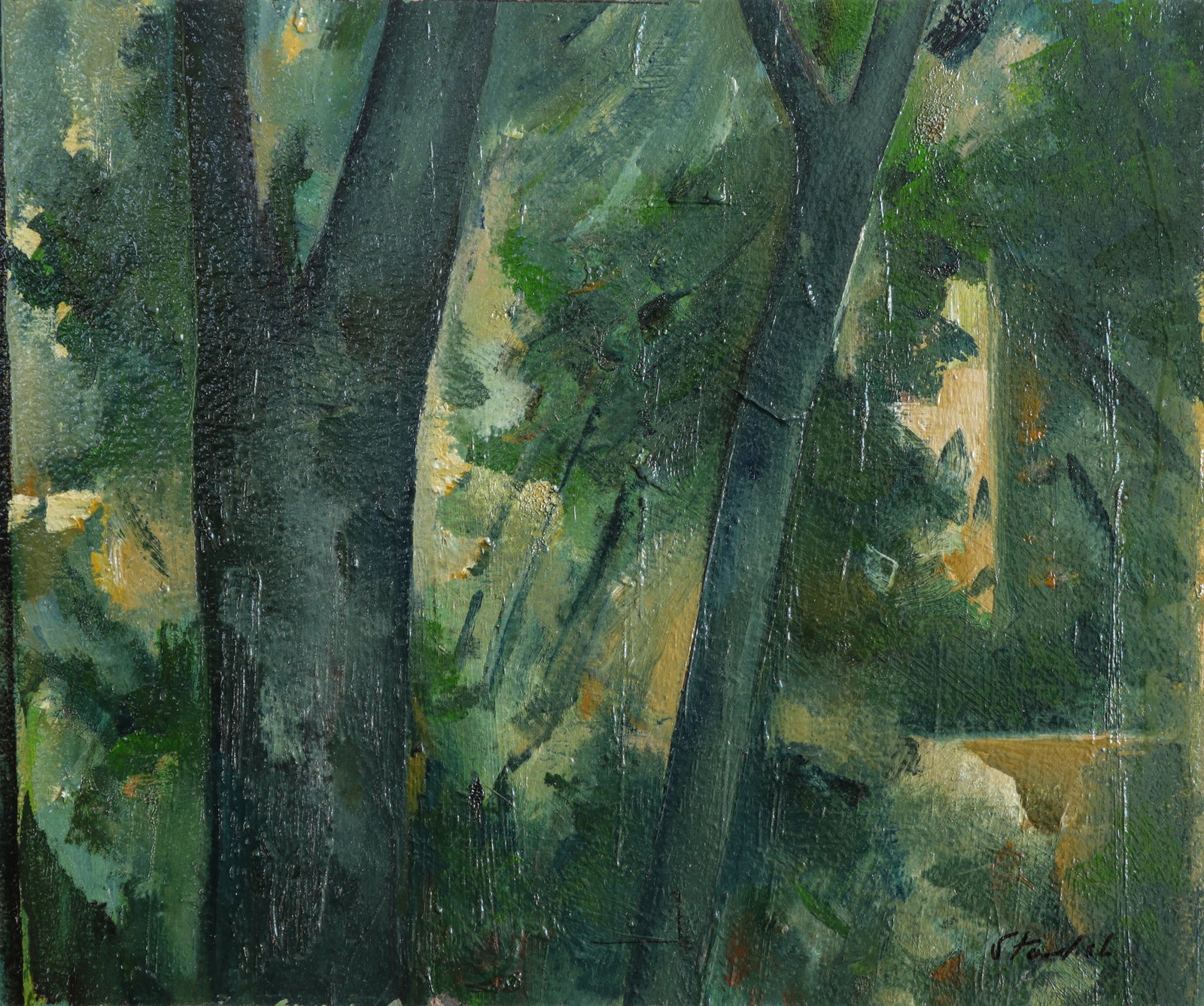 Abstracted Forest Through The Trees <br>20th Century Oil on Board <br><br>#B6684