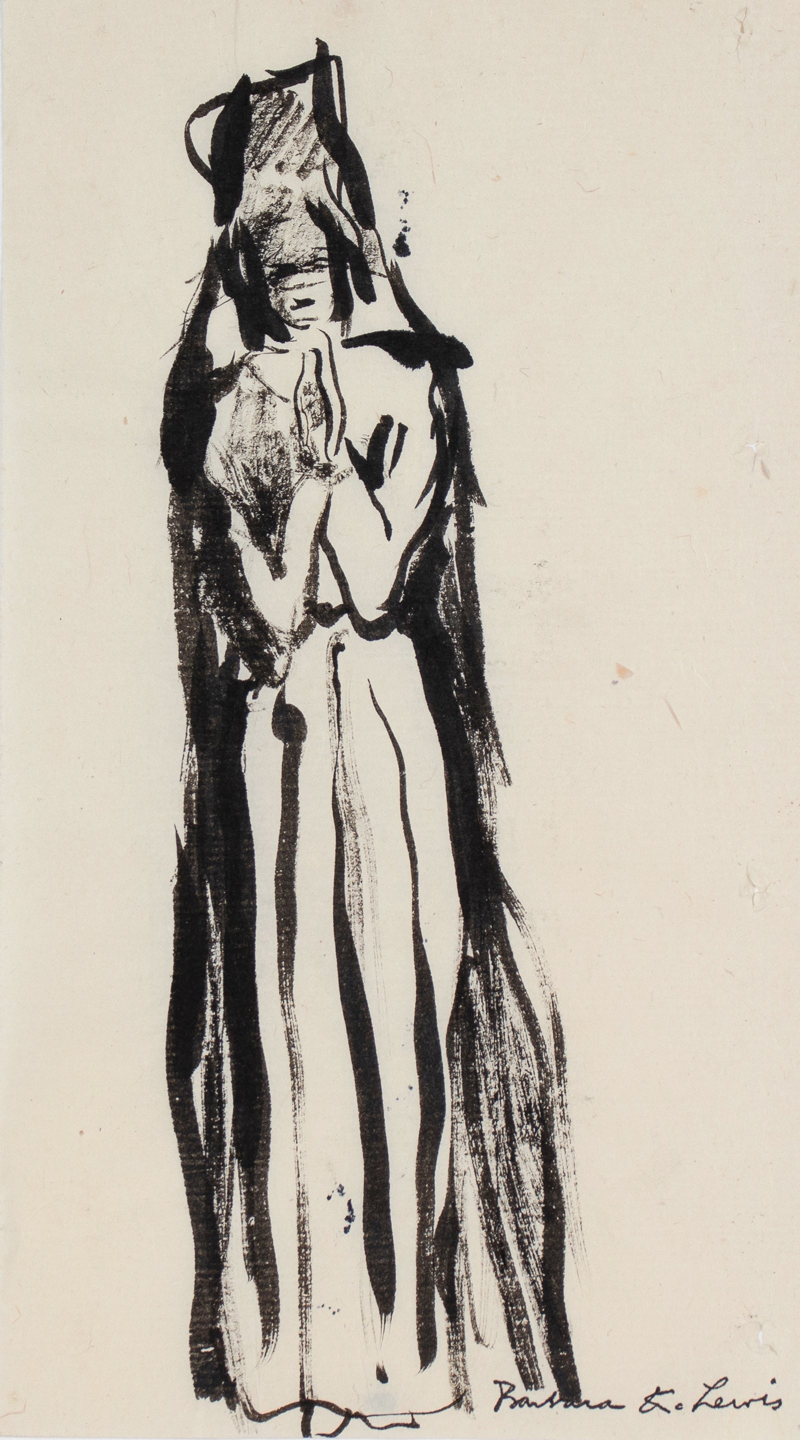 Woman in Prayer <br>Early 20th Century Ink <br><br>#C0036