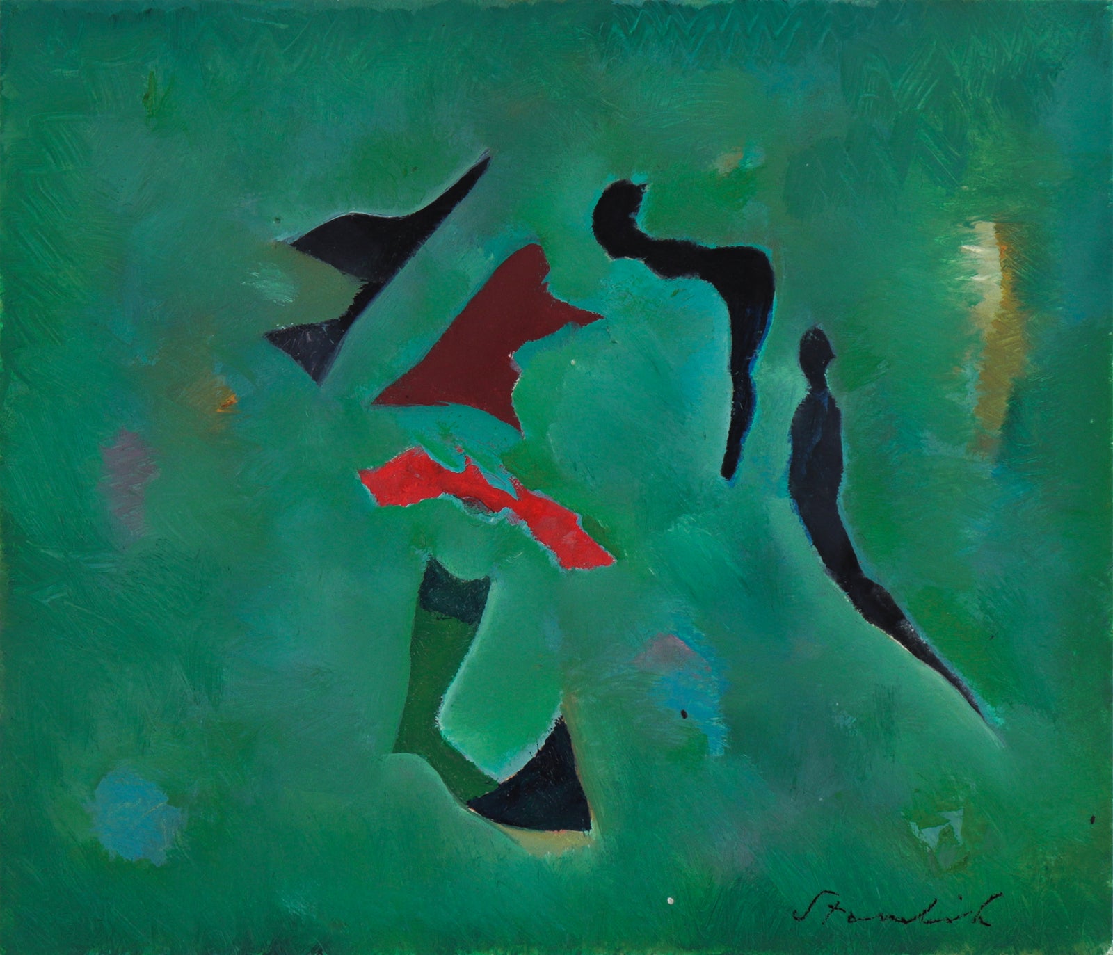 Modernist Green Abstract <br>20th Century Oil on Paper <br><br>#C0080