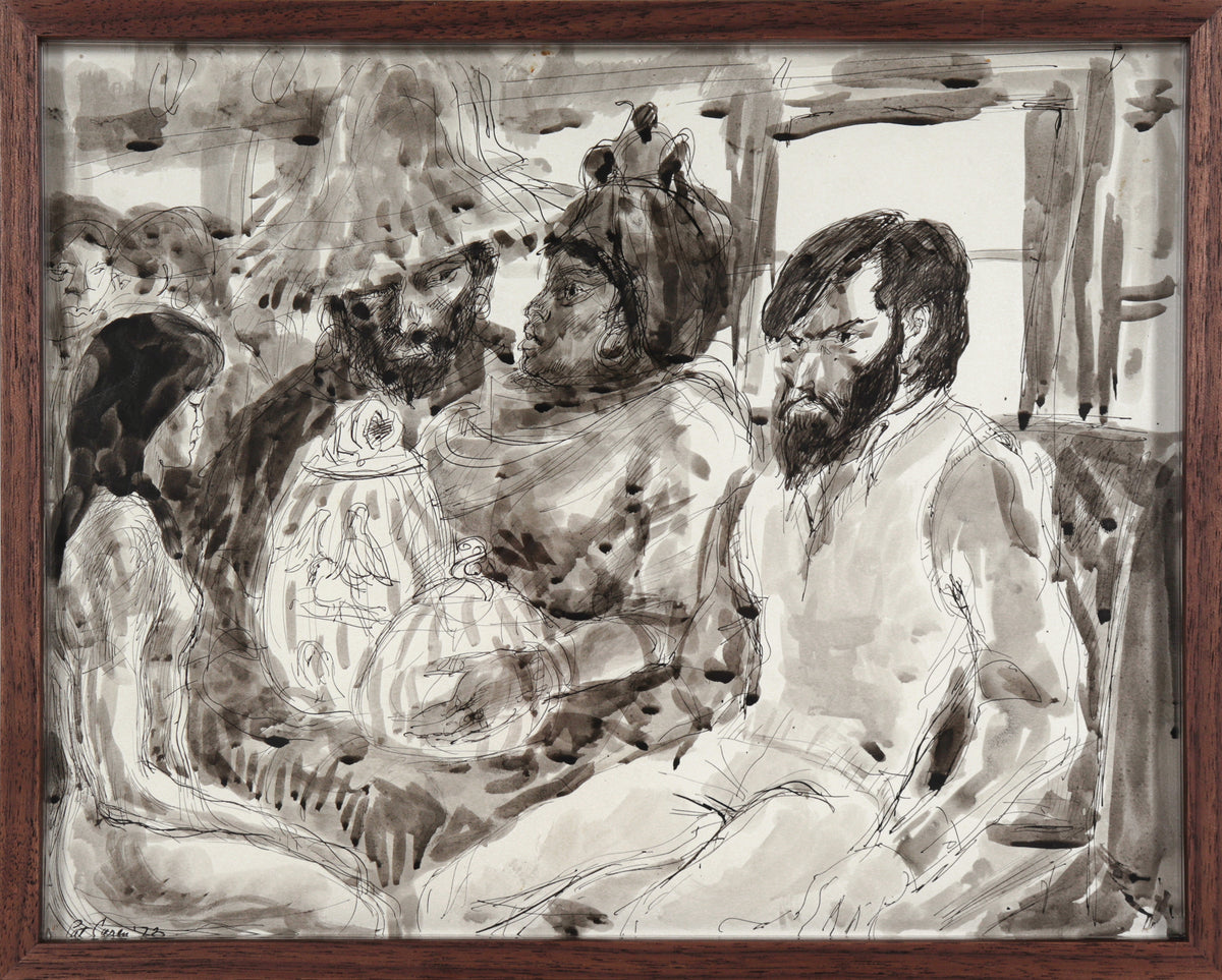 Modernist Abstracted Figure Scene &lt;br&gt;1972 Ink &amp; Watercolor &lt;br&gt;&lt;br&gt;#C0485