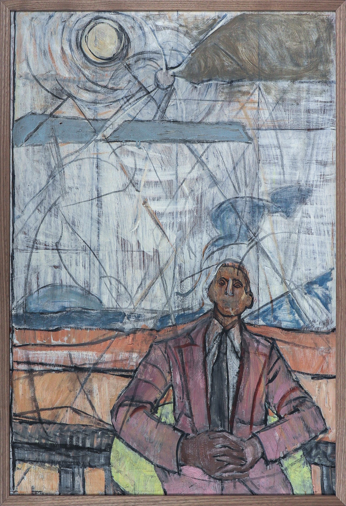 Seated Man in Dreamy Landscape &lt;br&gt;1960s Oil &amp; Acrylic &lt;br&gt;&lt;br&gt;#C1296