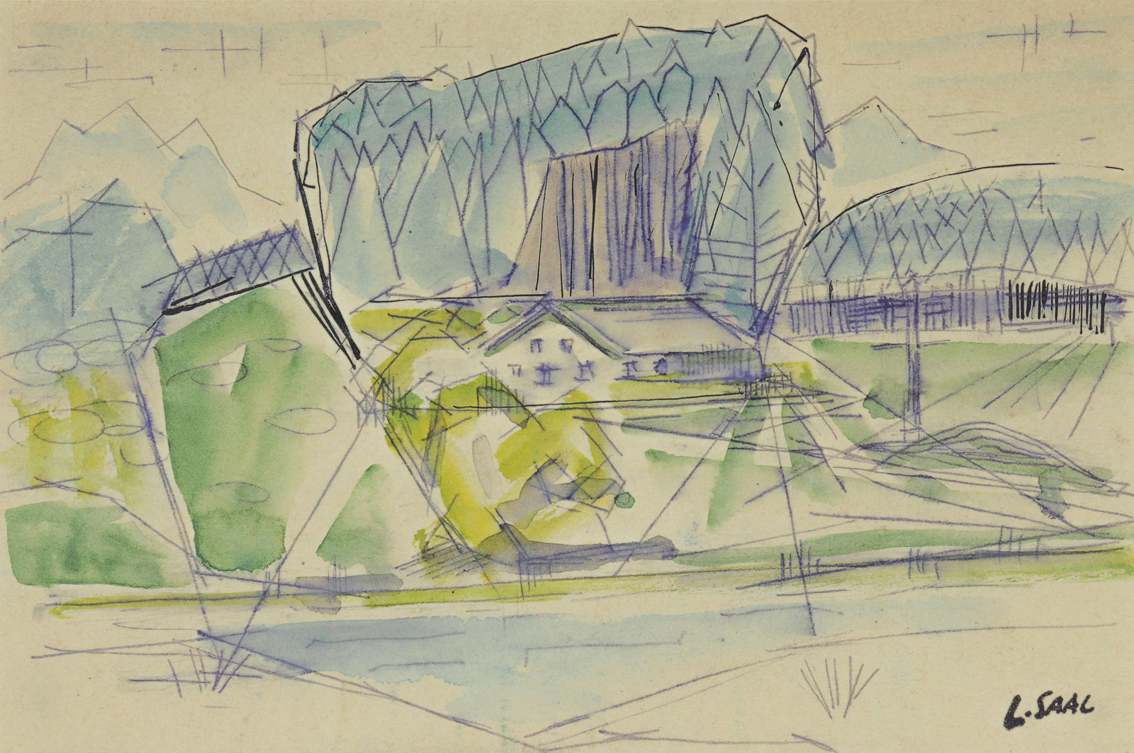 Abstracted Cityscape <br>1952 Watercolor & Ink<br><br>#C1422