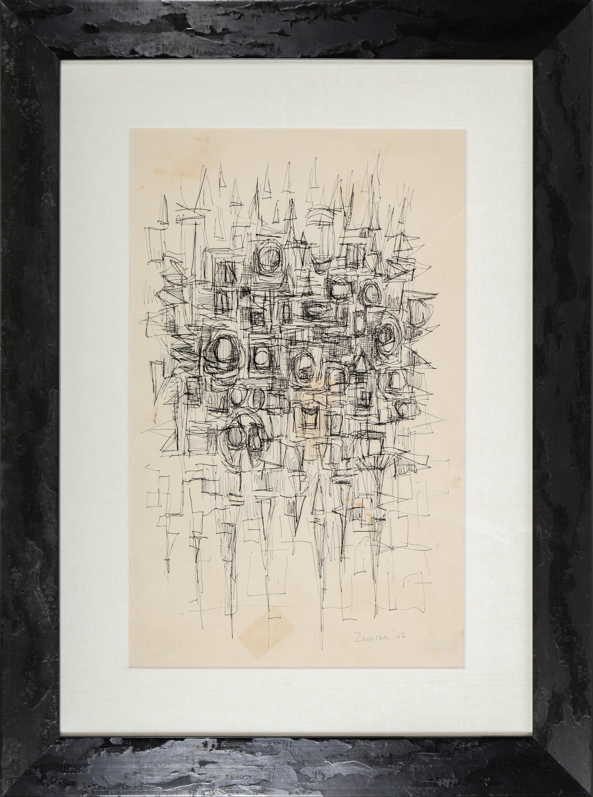 Frenetic Geometric Abstract <br>1956 Ink <br><br>#C1536