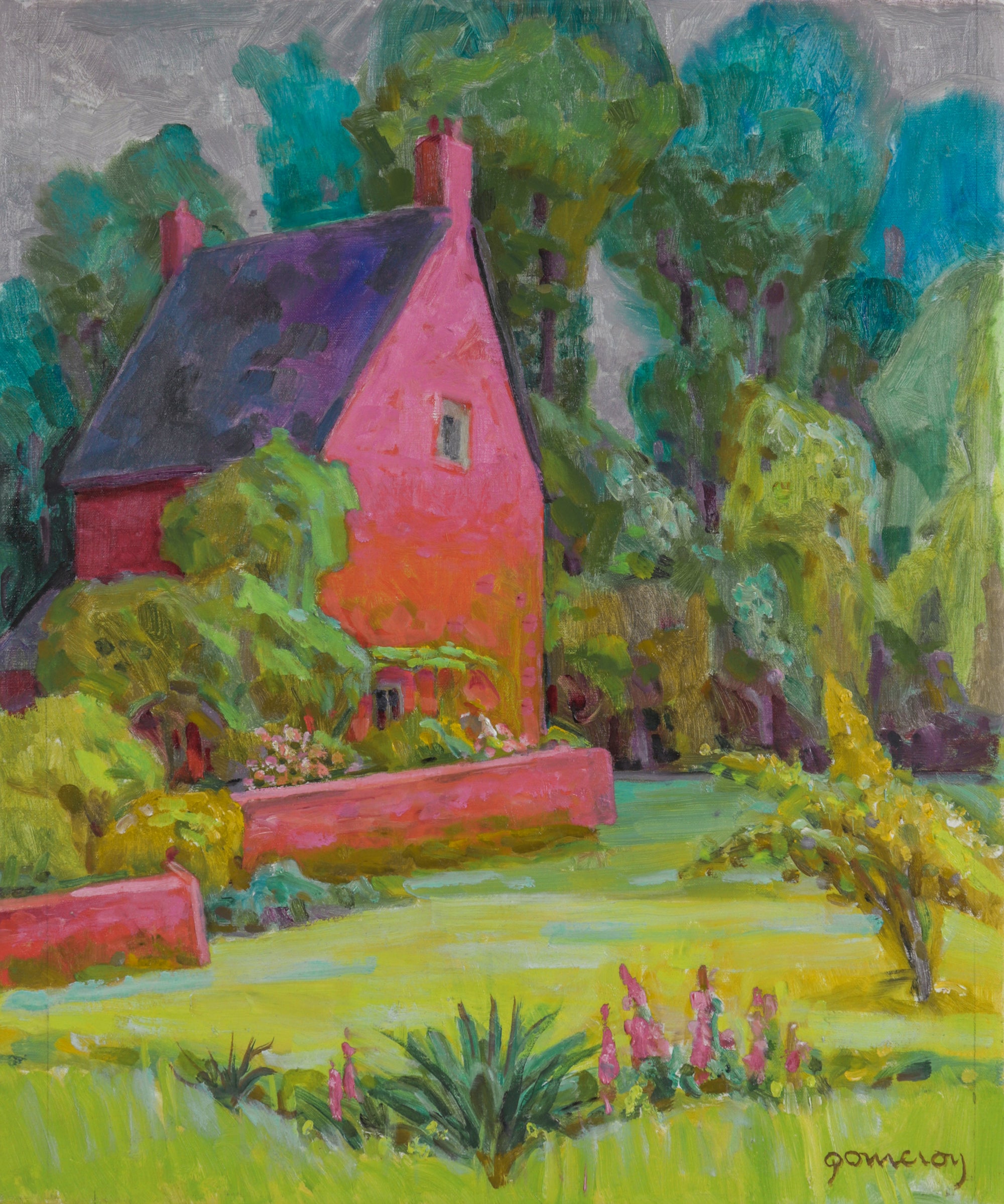 Pink House in the Woods <br> 20th Century Oil <br><br>#C1595