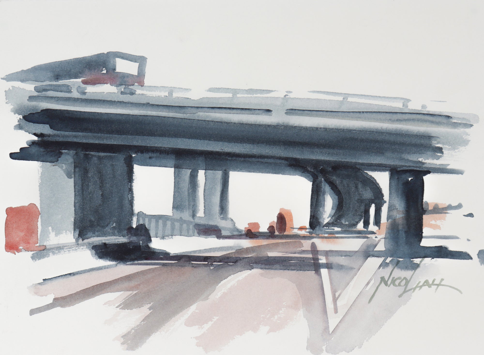 Bay Area Abstracted Freeway <br> 20th Century Watercolor <br><br>#C1625
