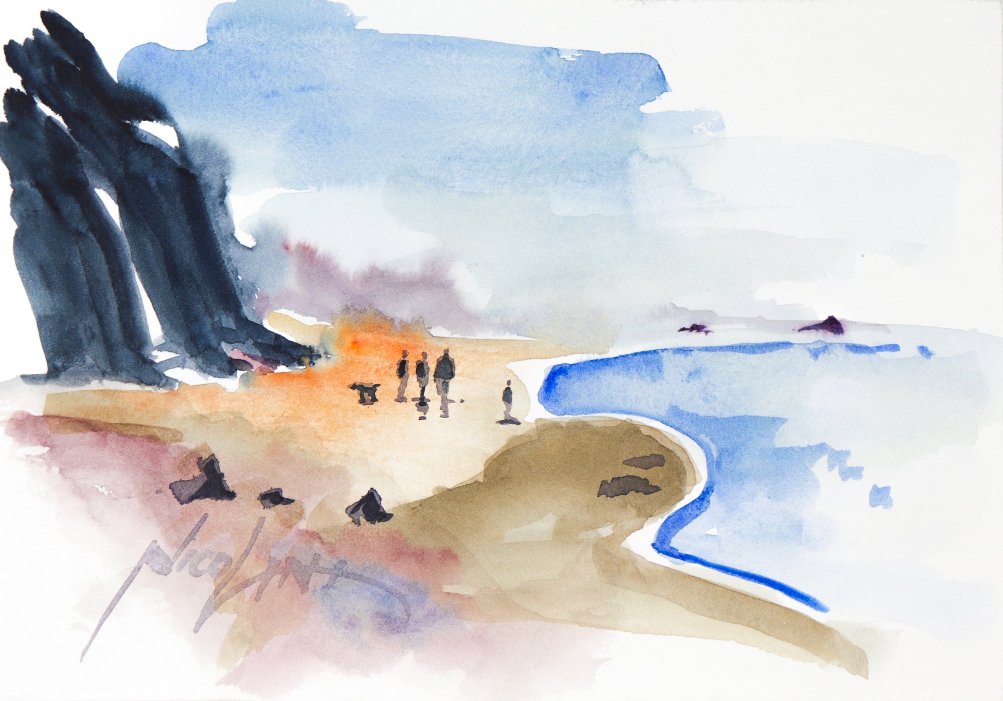 Abstracted Walk on the Beach <br> 20th Century Watercolor <br><br>#C1628