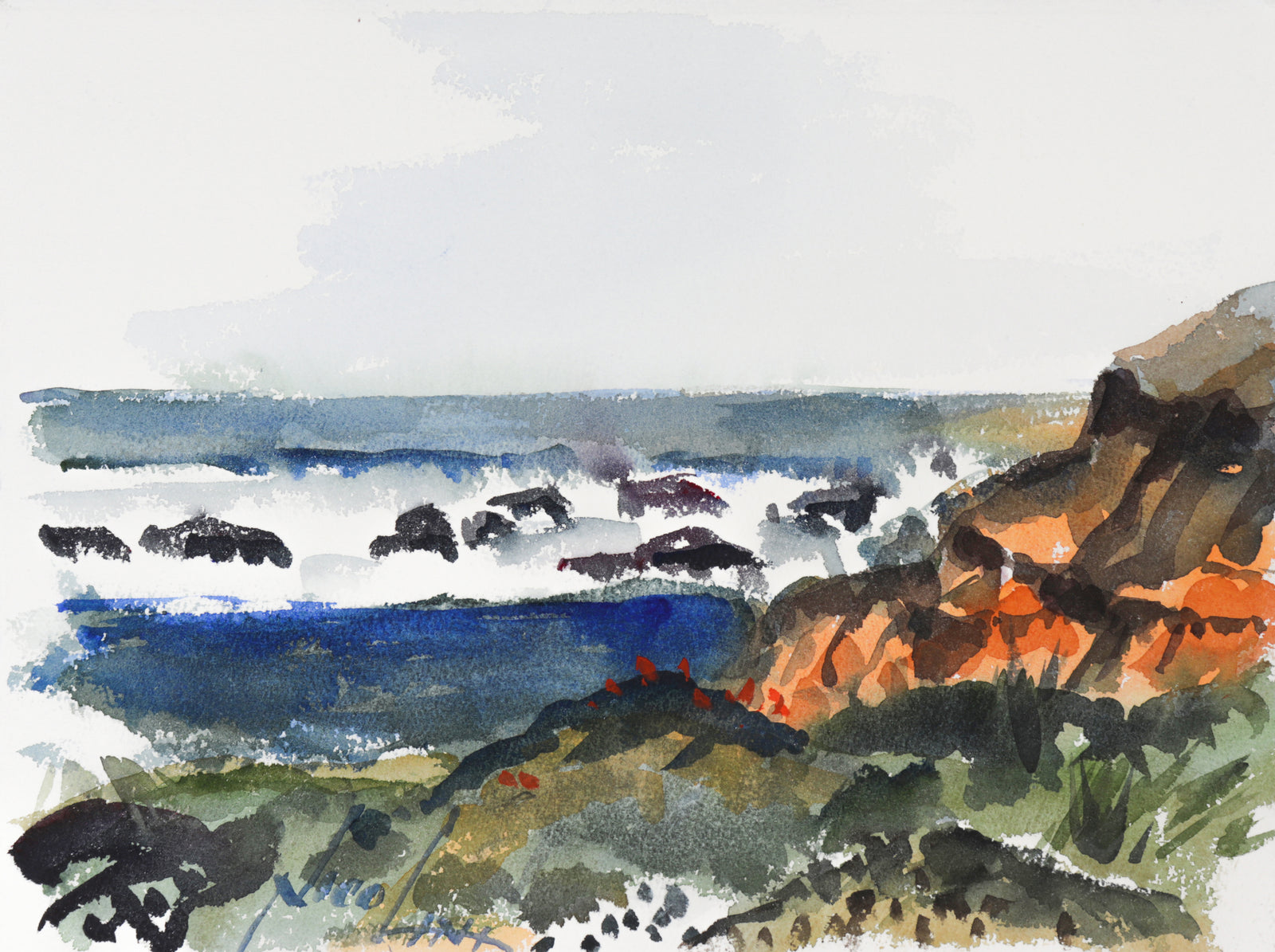 Abstract California Coastal Scene <br>20th Century Watercolor <br><br>#C1631