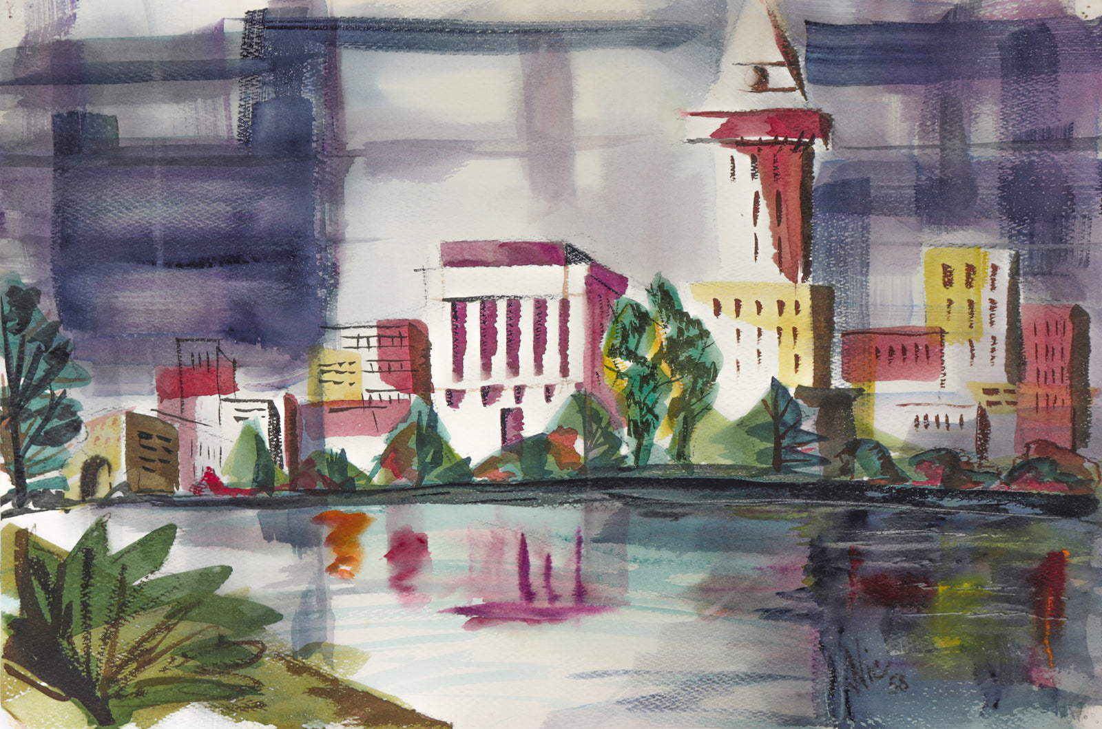 City by the Water <br>1958 Watercolor <br><br>#C1643