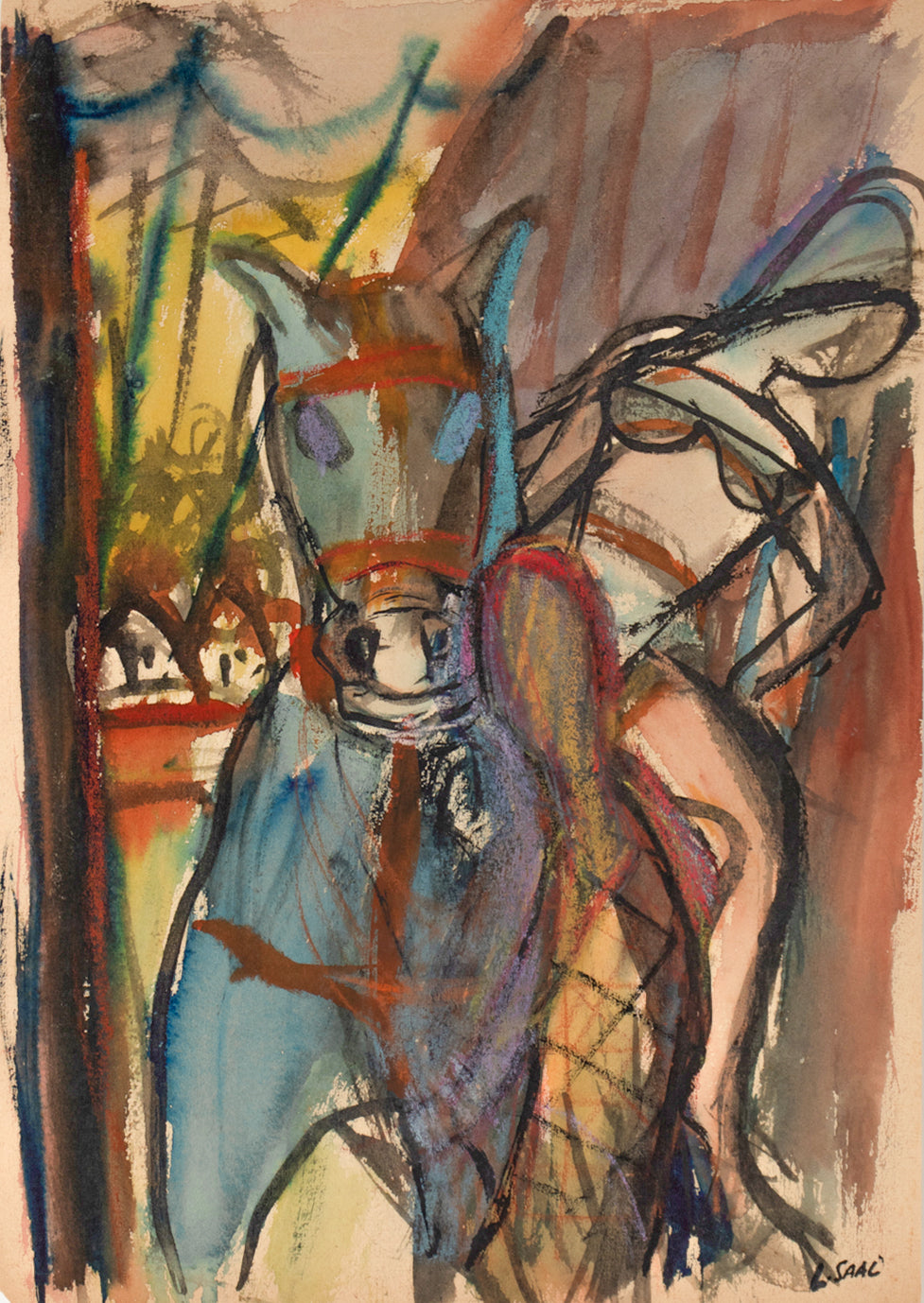 Abstracted Circus Performance with Horse <br> 1949 Ink, Watercolor & Pastel <br><br>#C1707