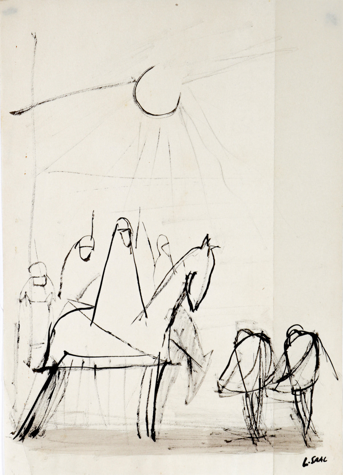 Figurative Abstract Scene with Horse Rider&lt;br&gt;1944 Ink&lt;br&gt;&lt;br&gt;#C1720