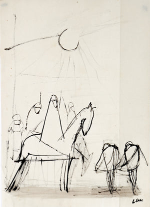 Figurative Abstract Scene with Horse Rider<br>1944 Ink<br><br>#C1720
