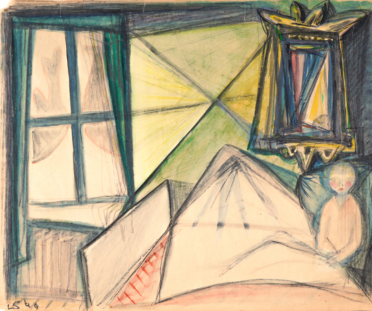 Cubist Interior Scene with Figure &lt;br&gt;1949 Graphite, Crayon &amp; Watercolor &lt;br&gt;&lt;br&gt;#C1725
