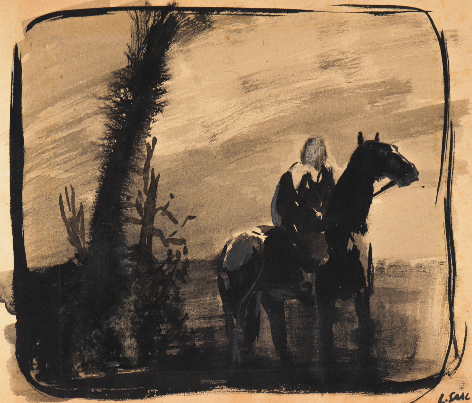 Monochromatic Rider Scene <br>1943 Ink <br><br>#C1727