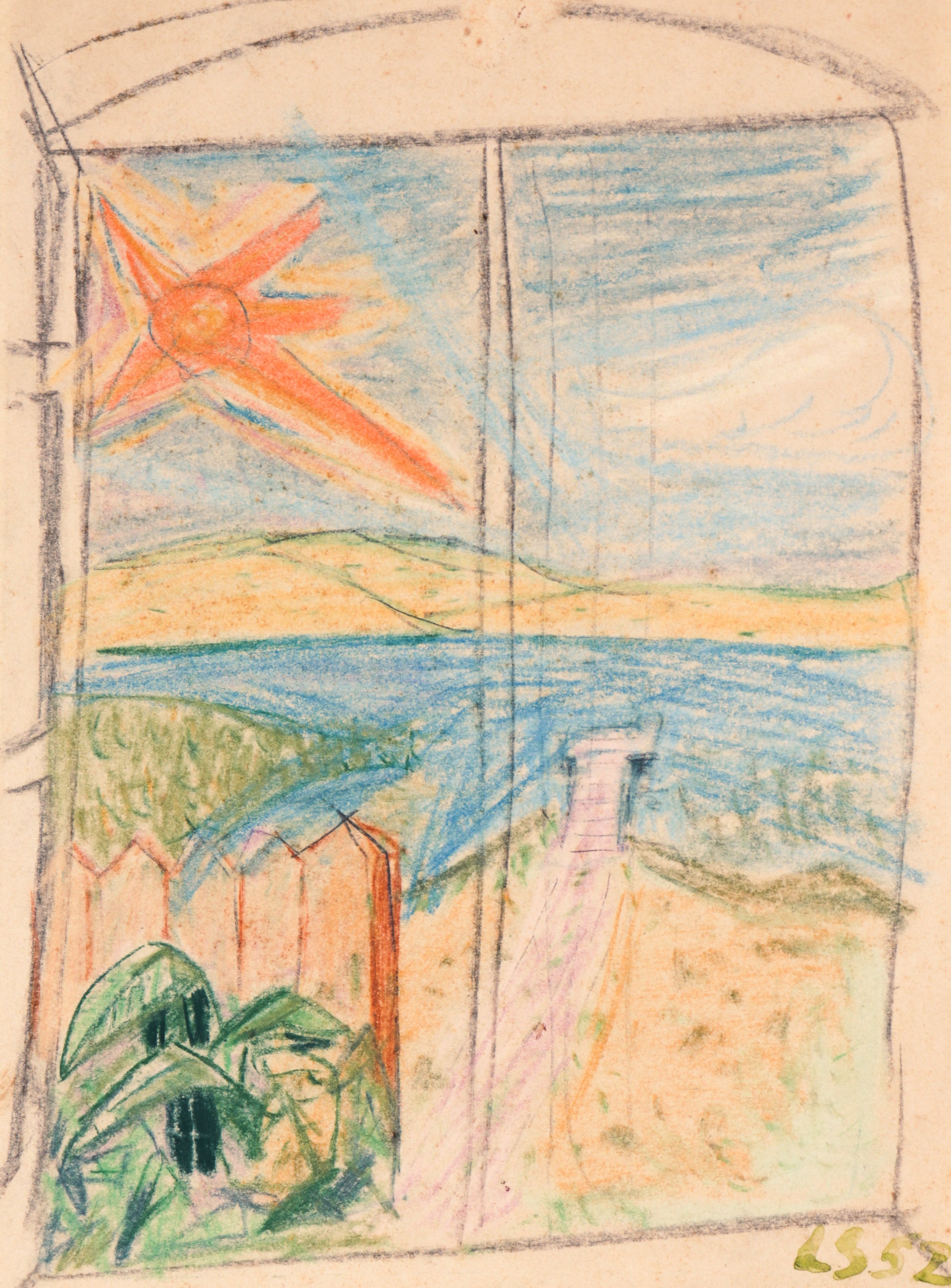 Abstracted Seascape Through An Open Window <br> 1952 Colored Pencil & Graphite <br><br>#C1744