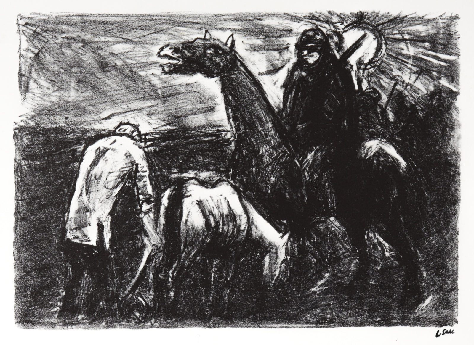 Monochromatic Horse Rider Scene <br> 1980 Lithograph<br><br>#C1758