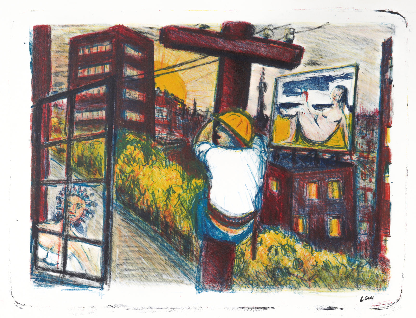 Figure Climbing a Utility Pole <br>1980 Lithograph <br><br>#C1760