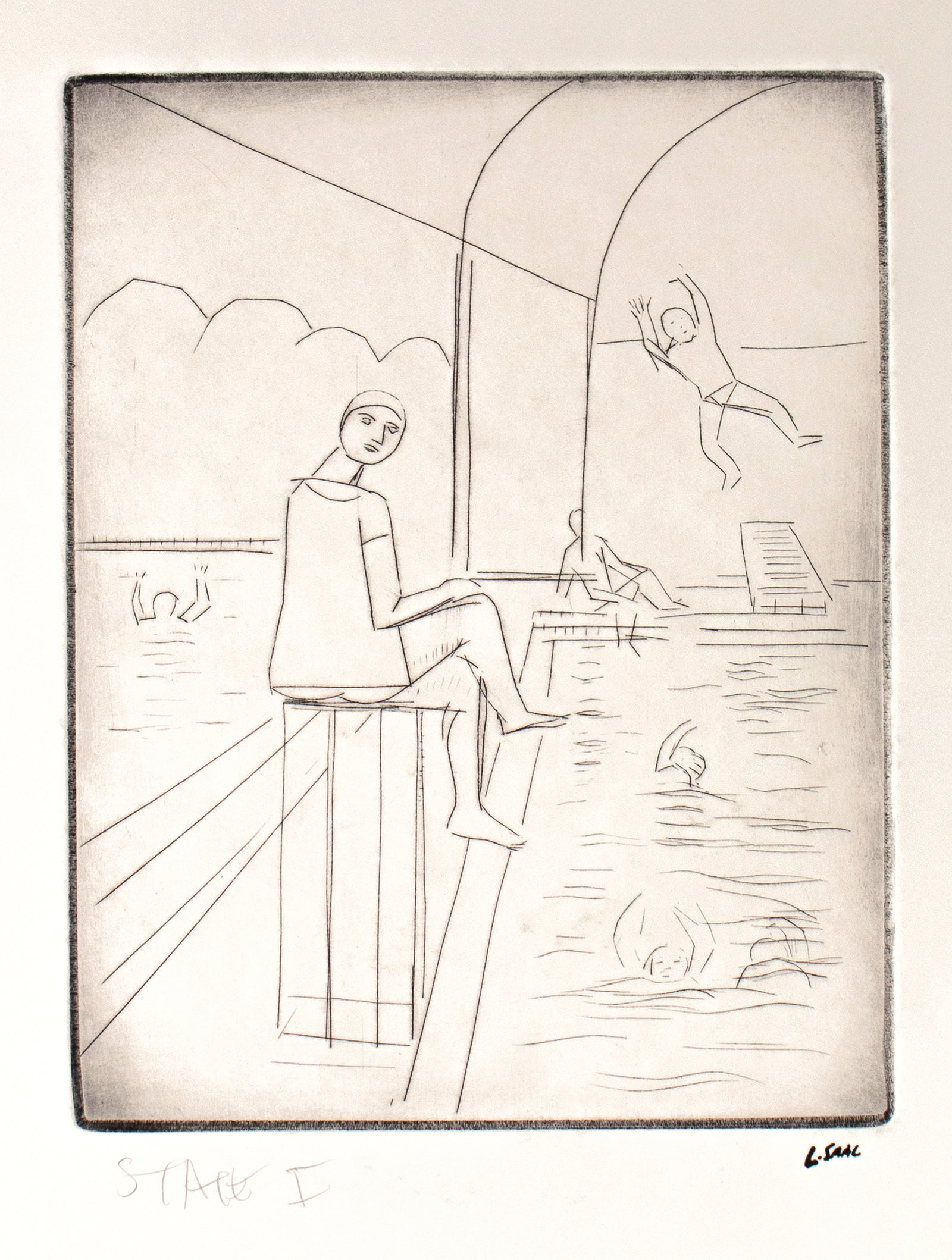 Pool Scene with Lifeguard <br>1992 Etching <br><br>#C1794