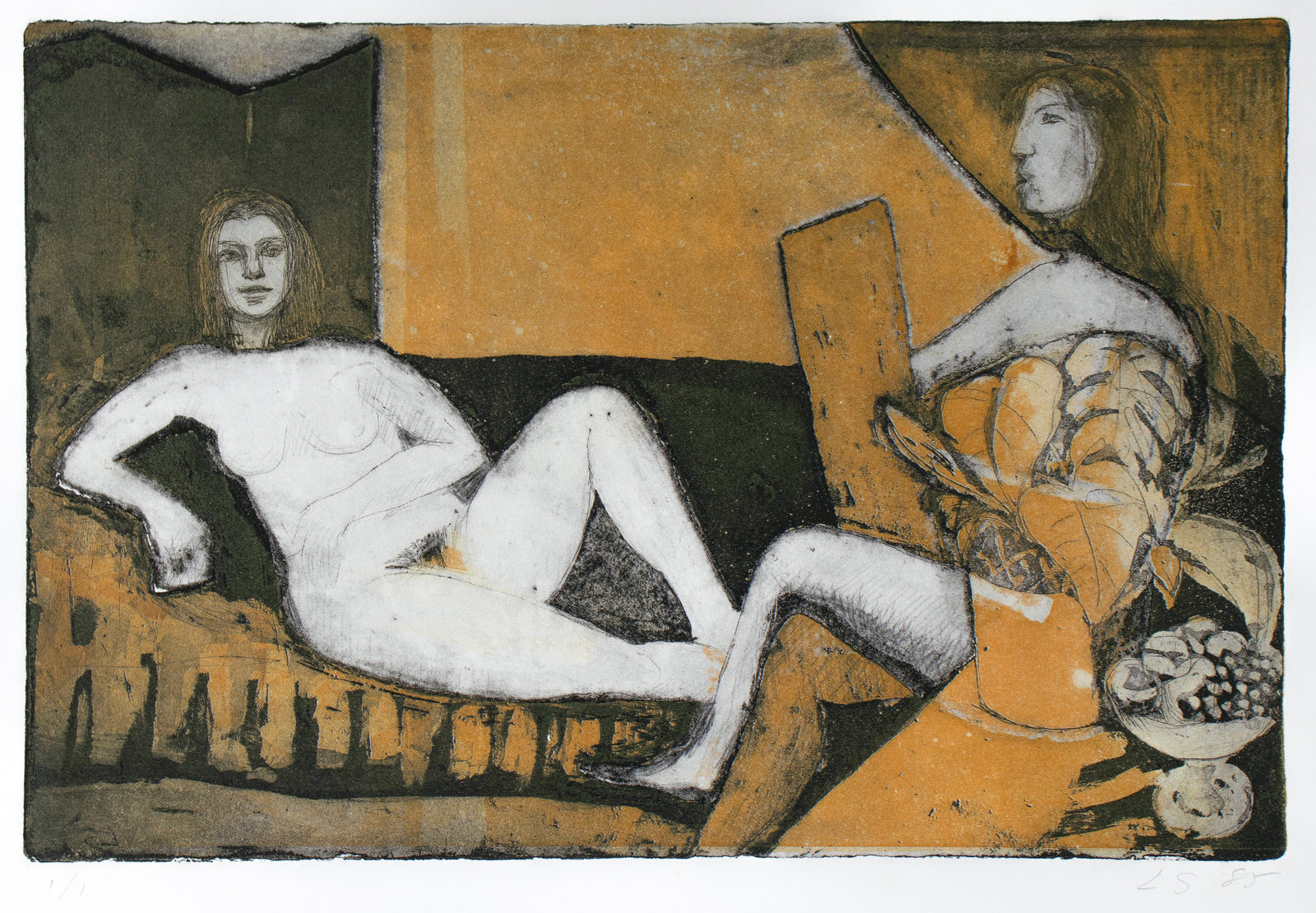 Two Women in Yellow Interior <br>1985 Lithograph <br><br>#C1798