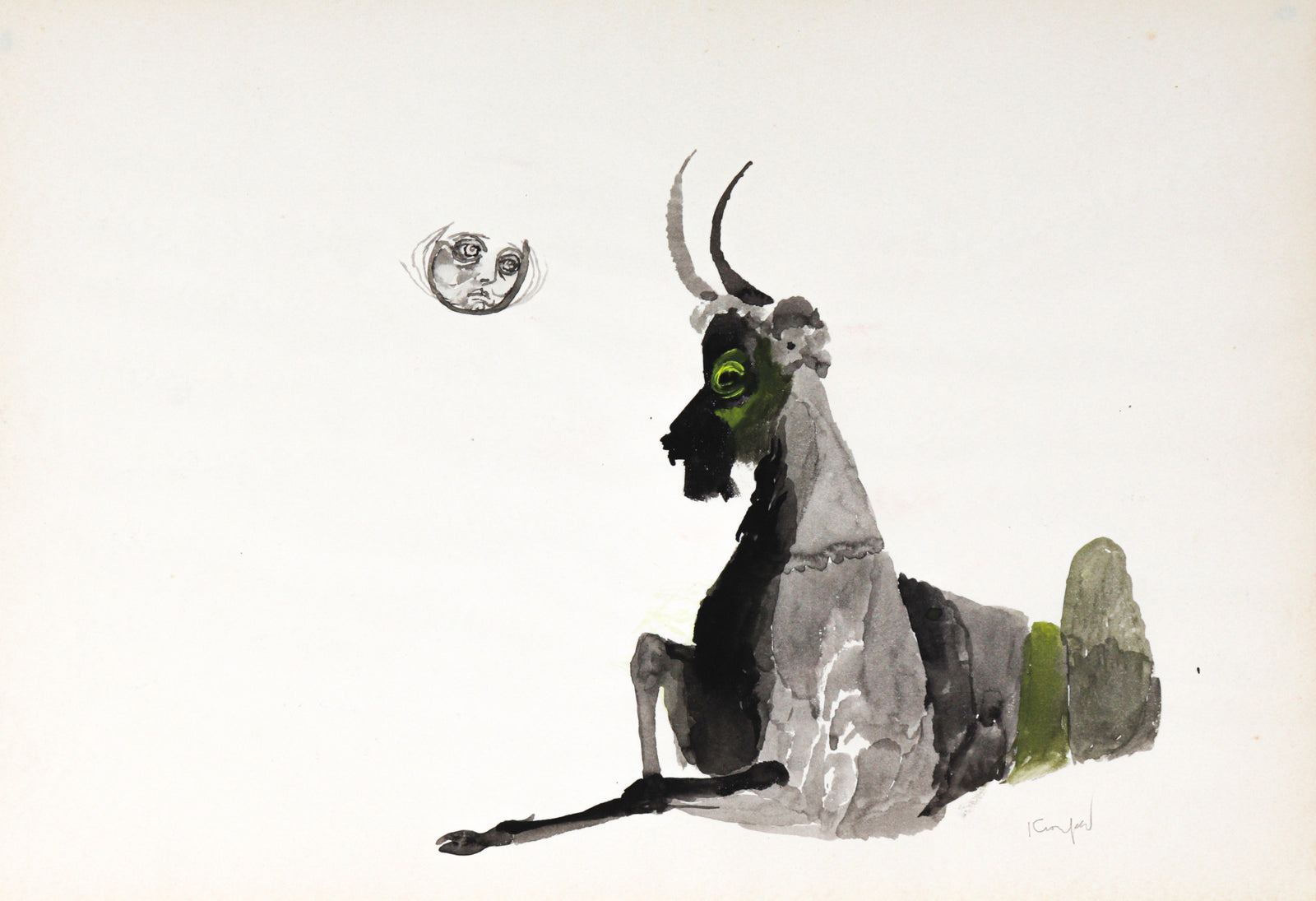 Ram Under the Moon<br>1970's Watercolor<br><br>#C2252