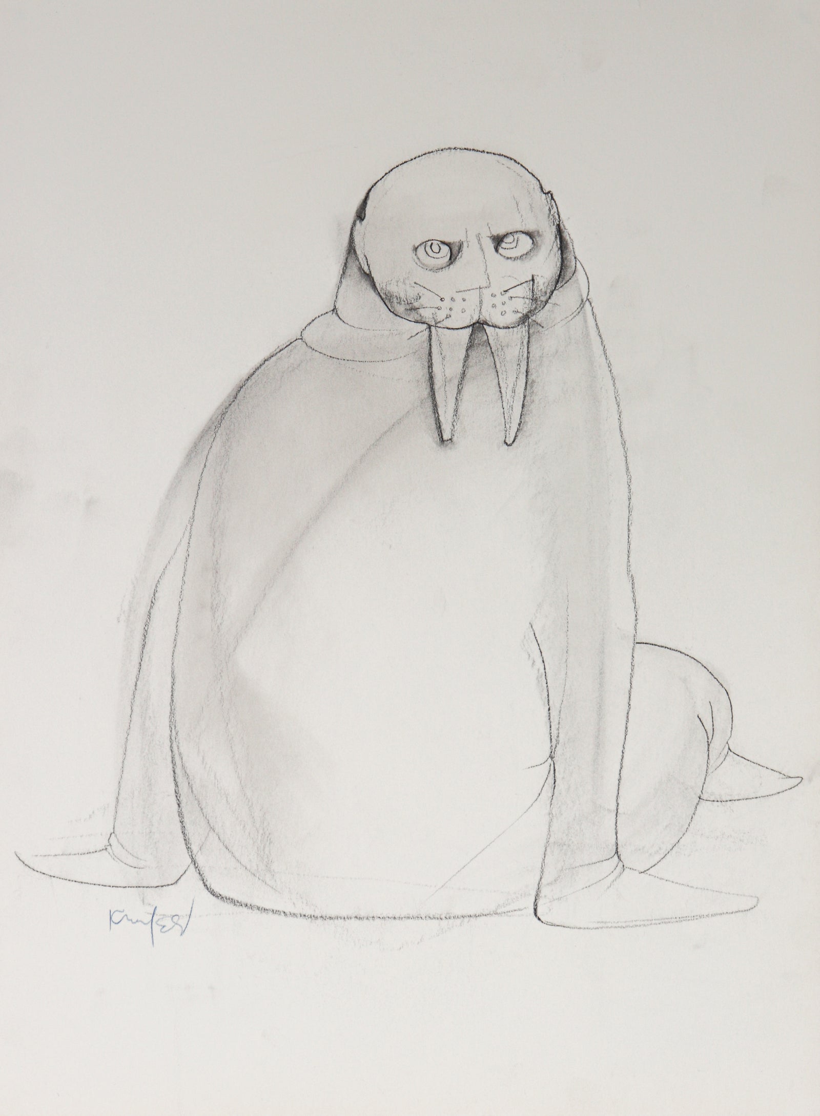 Modernist Walrus Sketch <br>20th Century Charcoal<br><br>#C2273