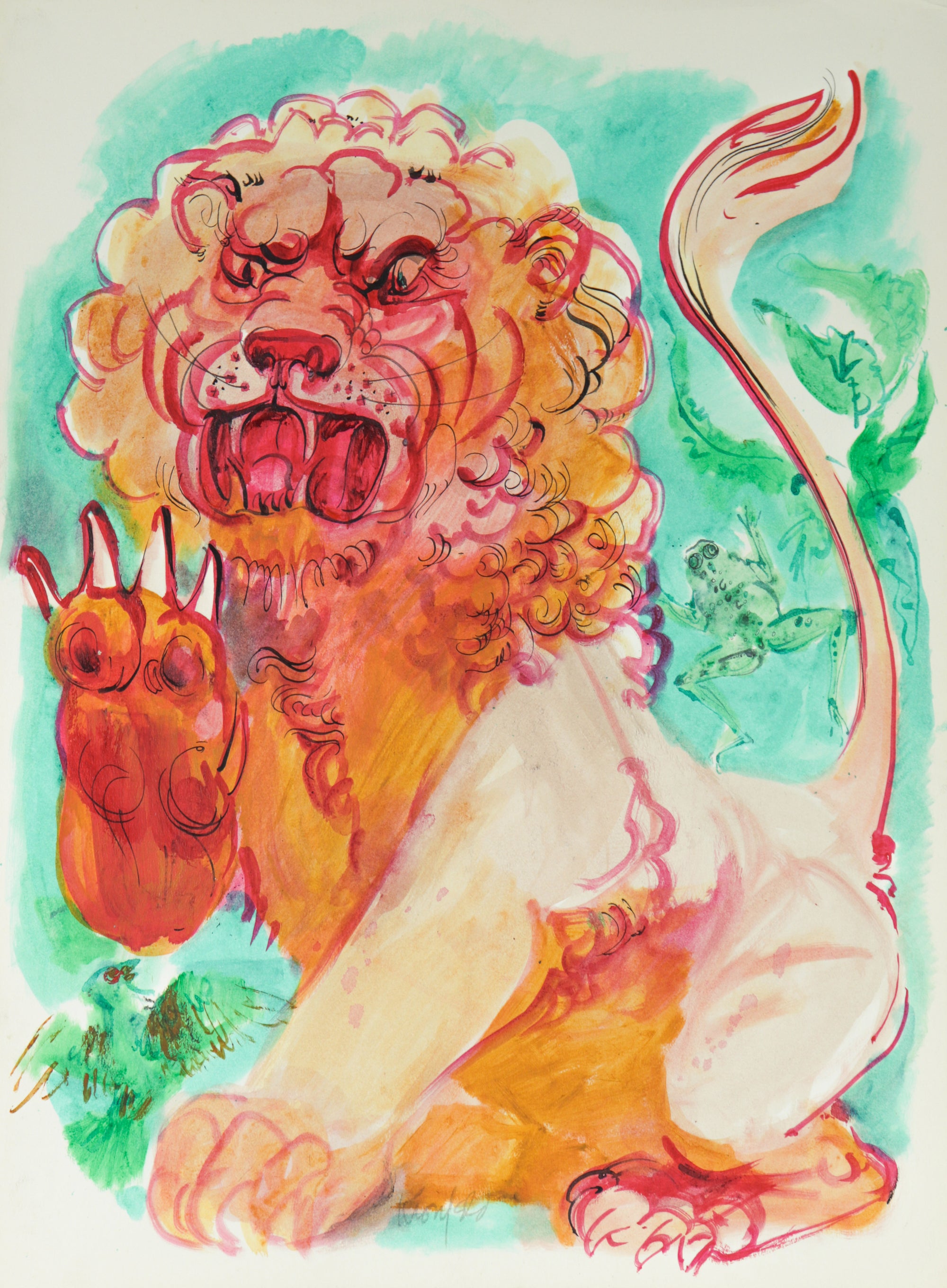 Fanciful Lion<br>1970s Watercolor<br><br>#C2288
