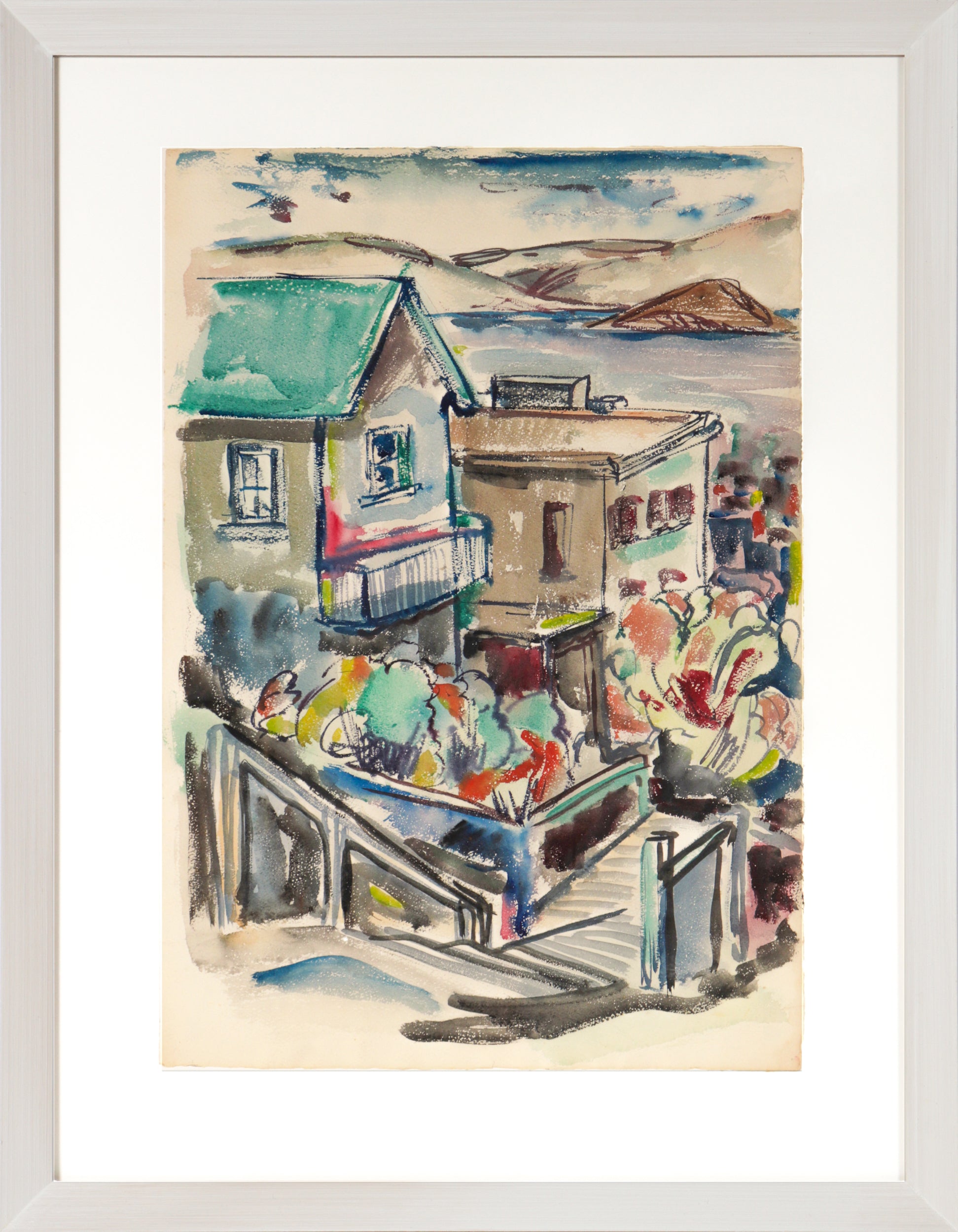 Filbert Steps Overlooking the Bay <br>1960 Watercolor <br><br>#C2468