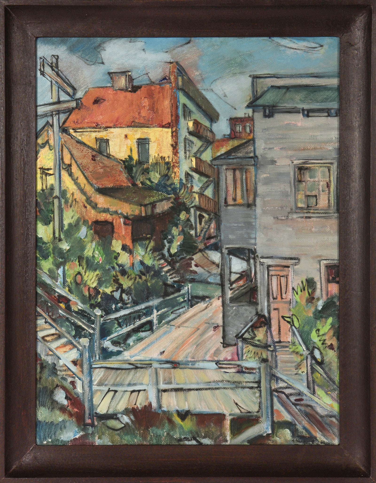 Napier Lane on the Filbert Steps <br>1930's-40's Oil <br><br>#C2591